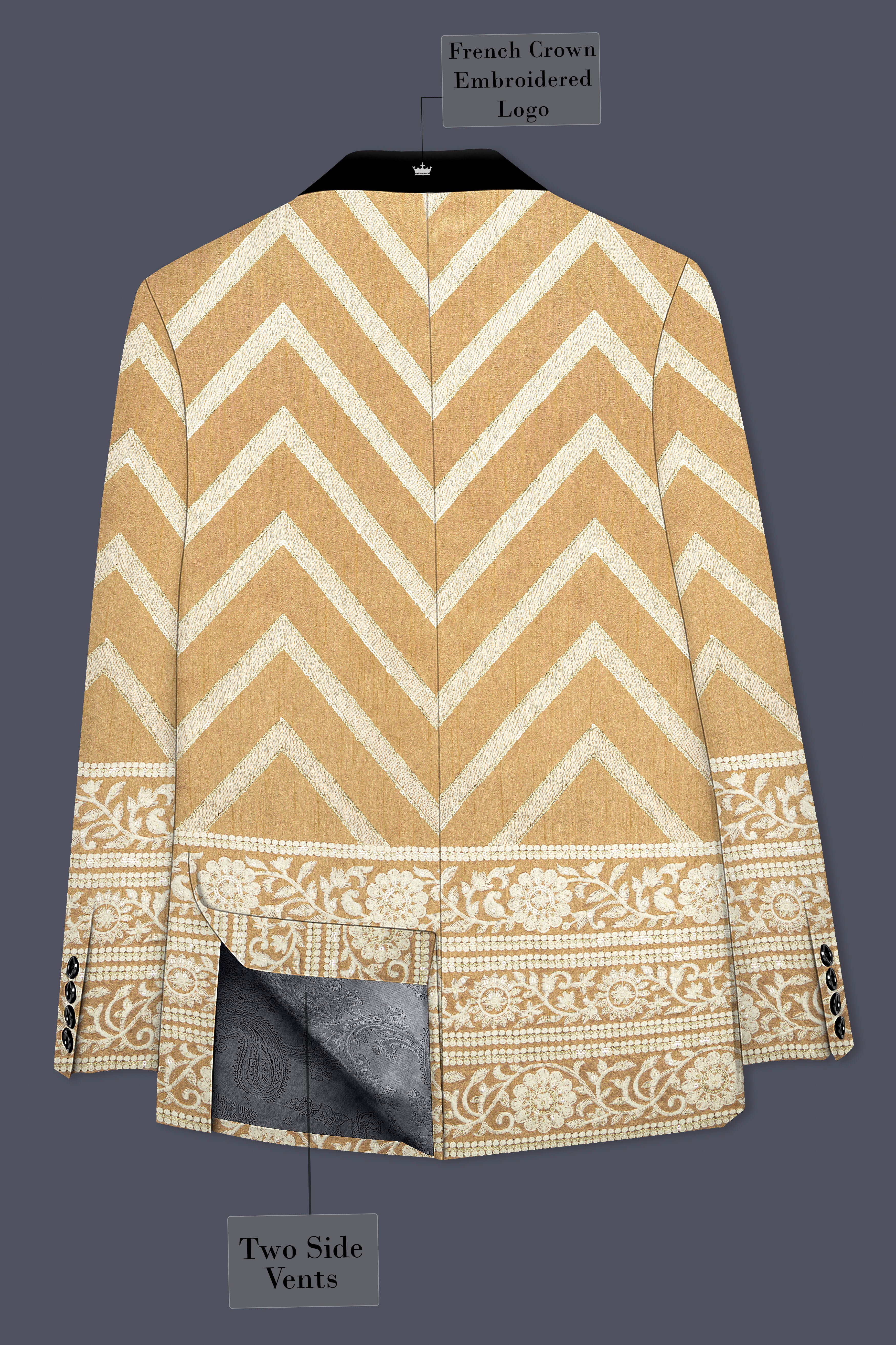 Zigvara-Antique Brown and Merino Cream Zig Zag Cotton Thread Embroidered Designer Blazer