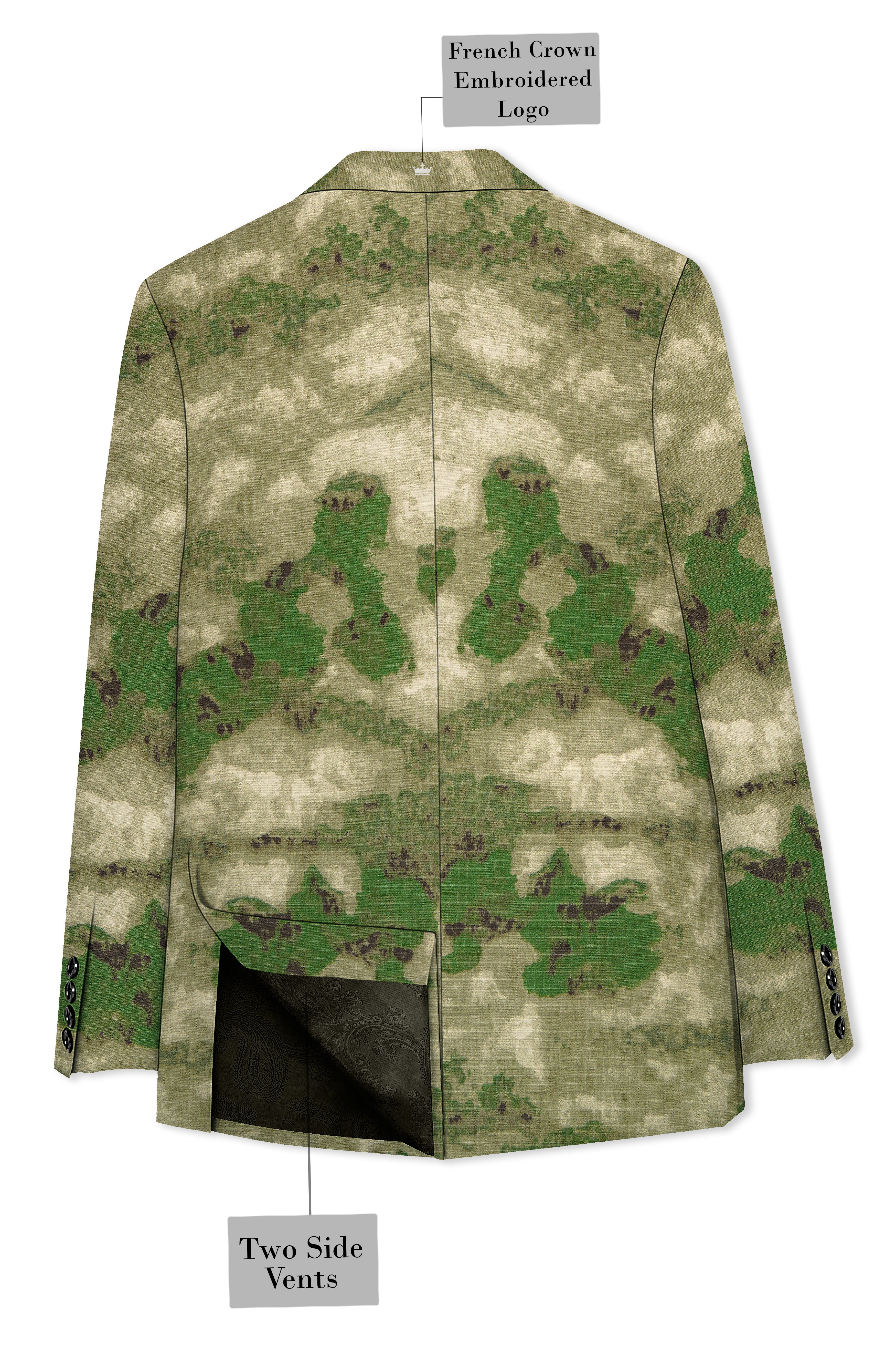 Virenza-Rifle Green and Wafer Cream Tie Dye Printed Premium Cotton Single Breasted Blazer