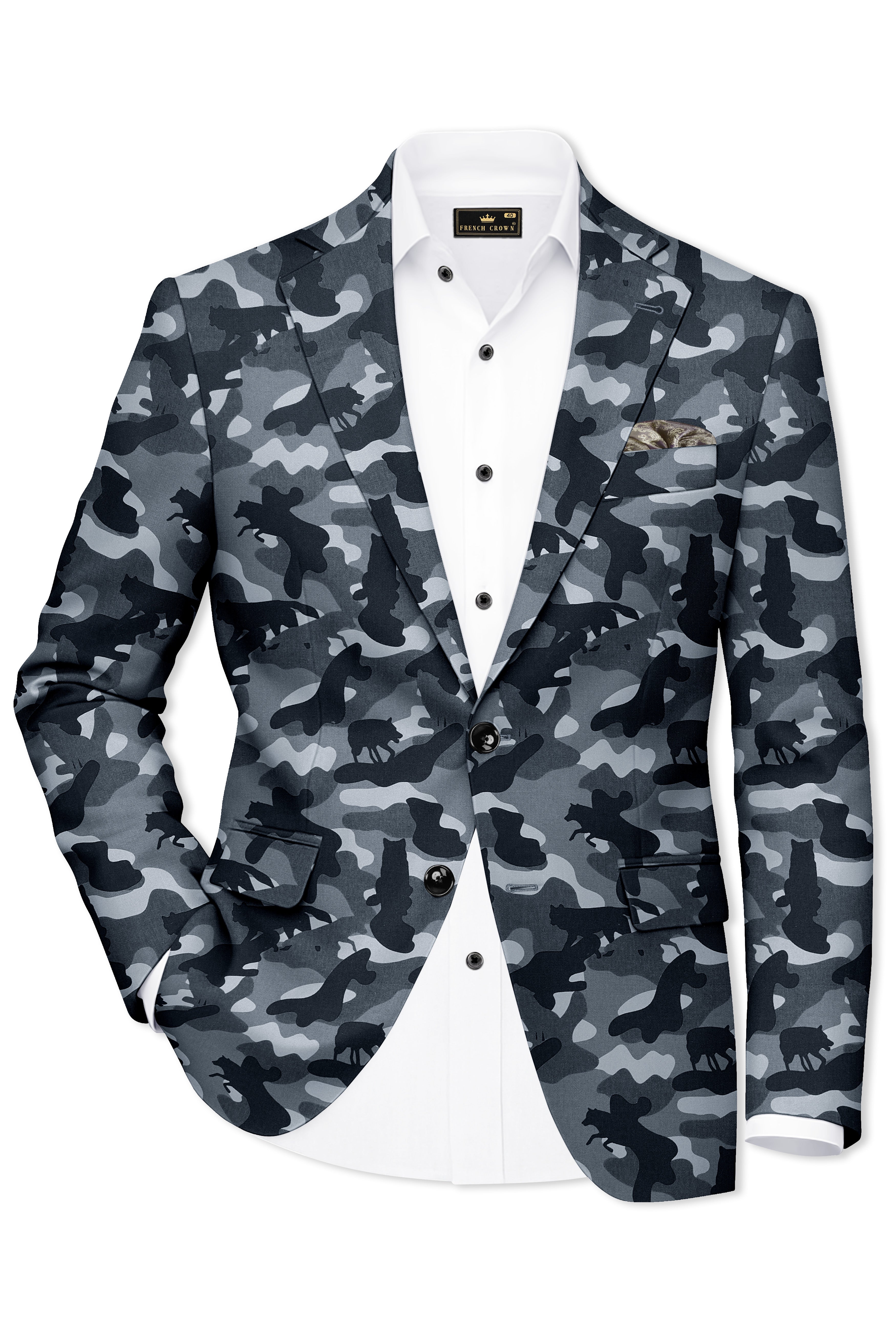 Obscaro-Carbon Gray And Cinder Black Camouflage Printed Cotton Single Breasted Blazer
