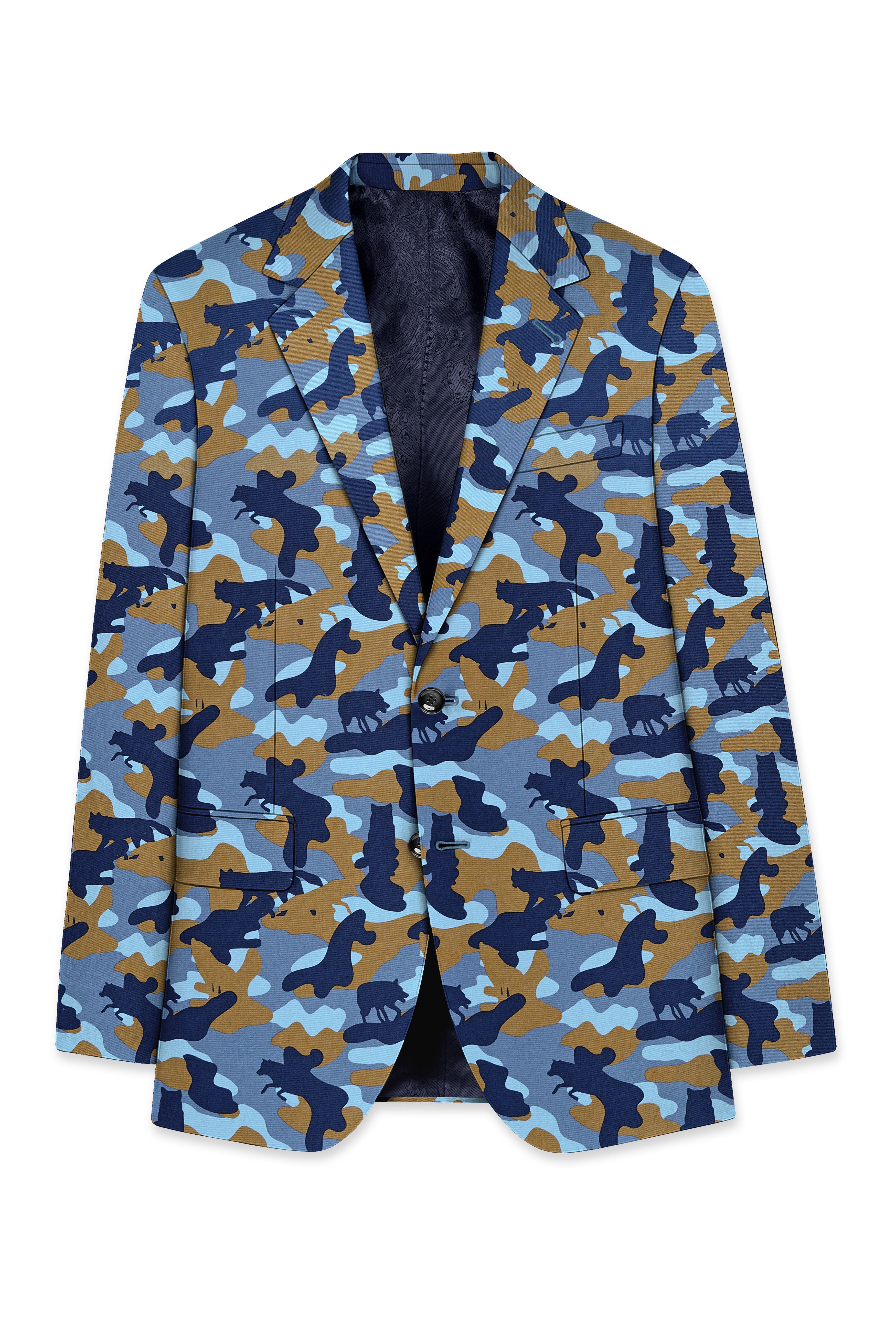 Bluvoro-Martinique Blue And Irish Brown Camouflage Printed Single Breasted Blazer