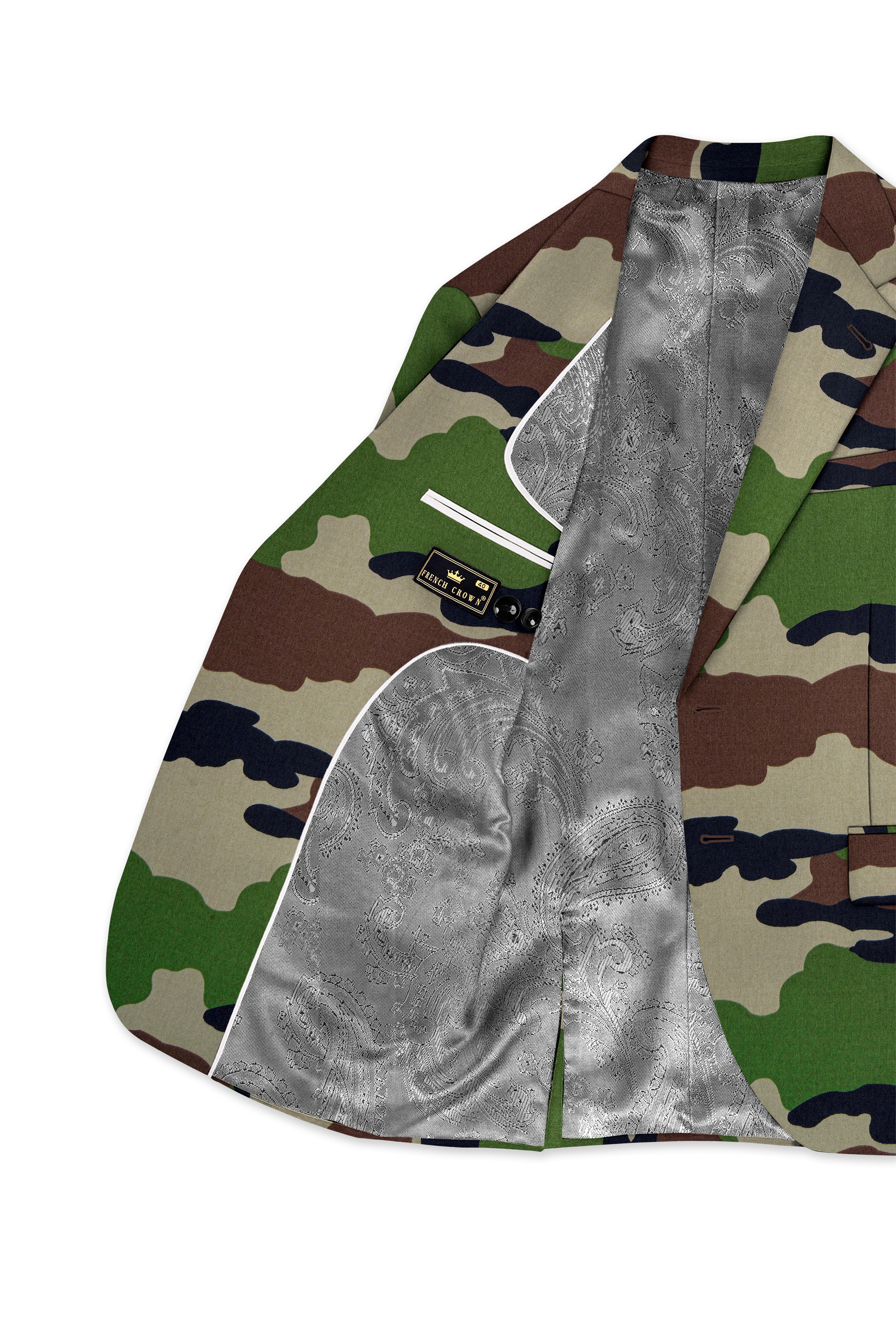 Aurever-Beaver Brown and Finch Green Camouflage Printed Premium Cotton Single Breasted Blazer