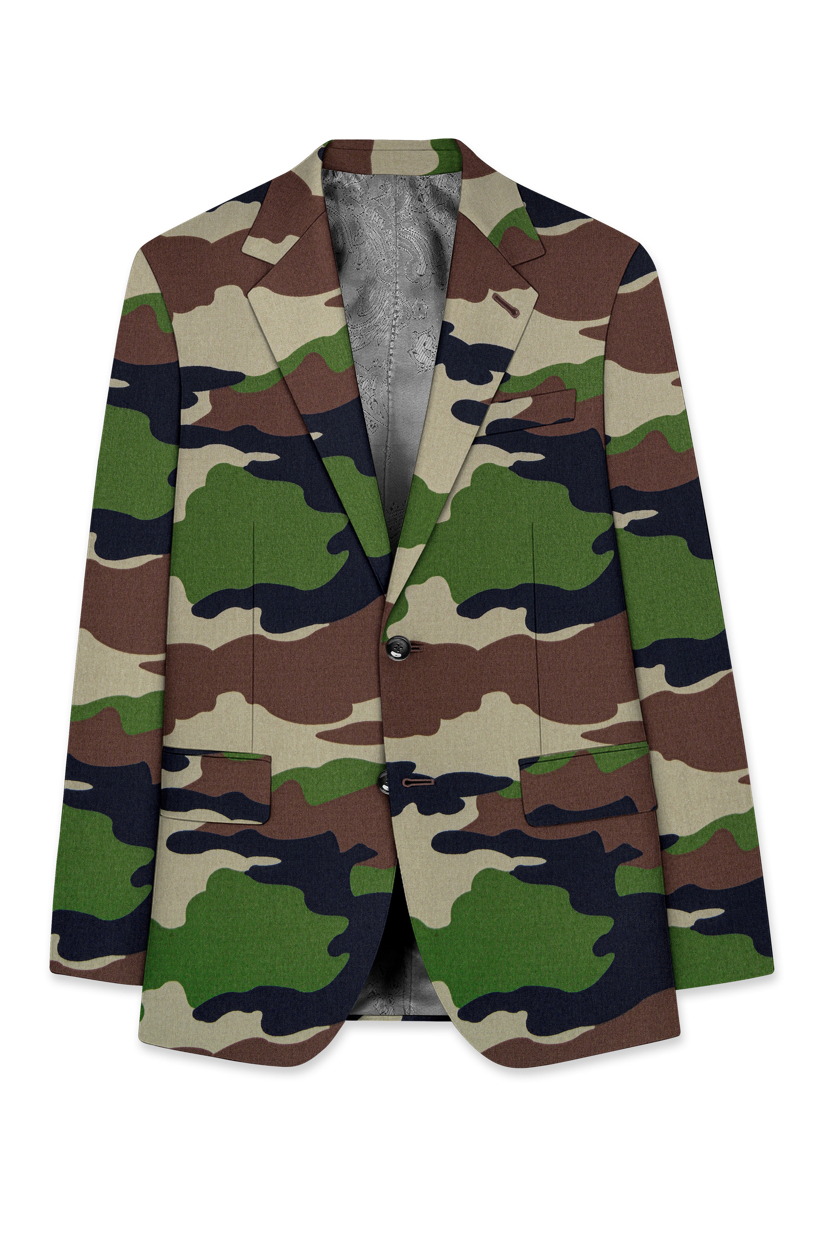 Aurever-Beaver Brown and Finch Green Camouflage Printed Premium Cotton Single Breasted Blazer