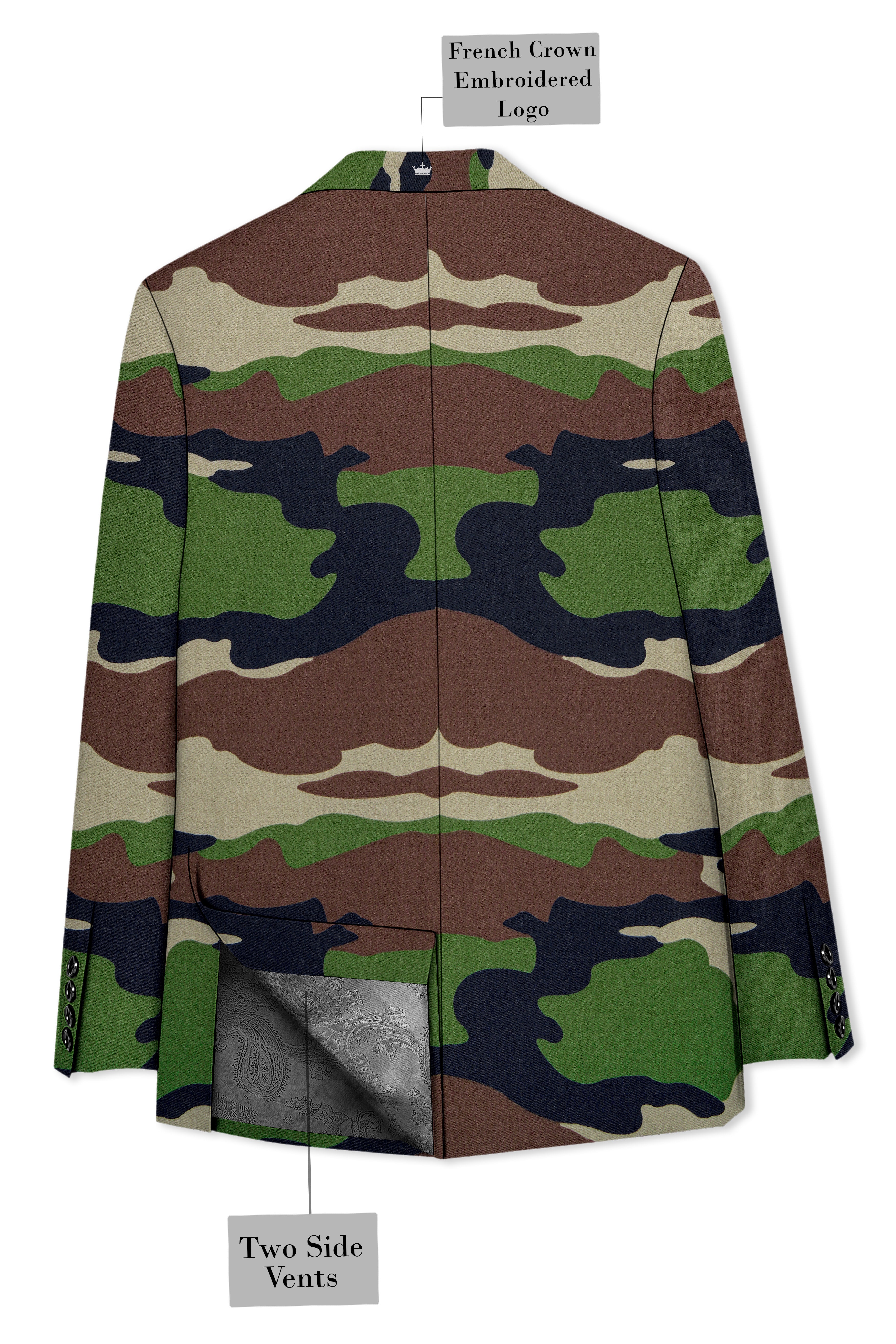 Aurever-Beaver Brown and Finch Green Camouflage Printed Premium Cotton Single Breasted Blazer