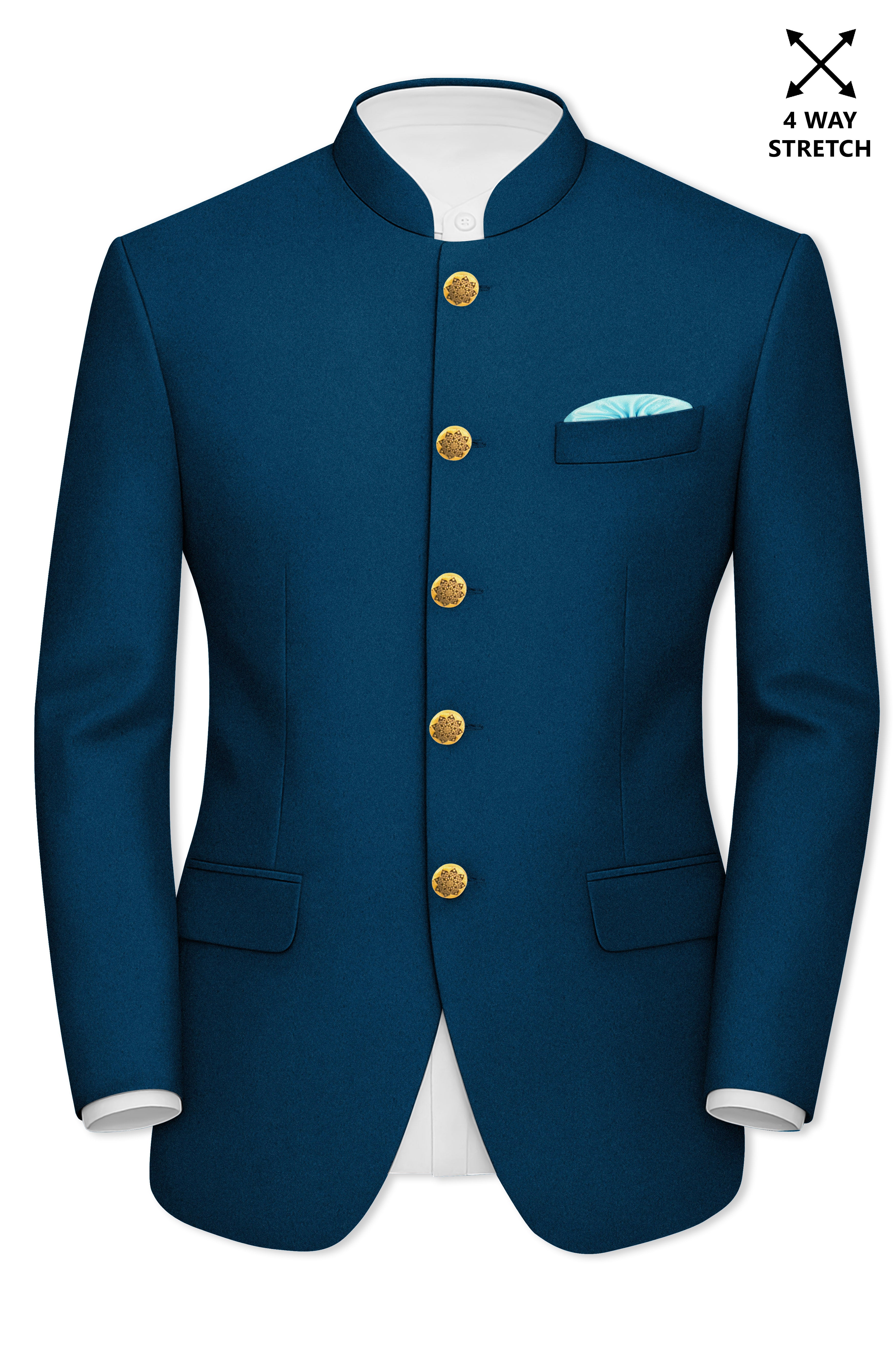 Aureblu-Korean Prussian Blue 4-Way Stretch Wool Rich Bandhgala Blazer