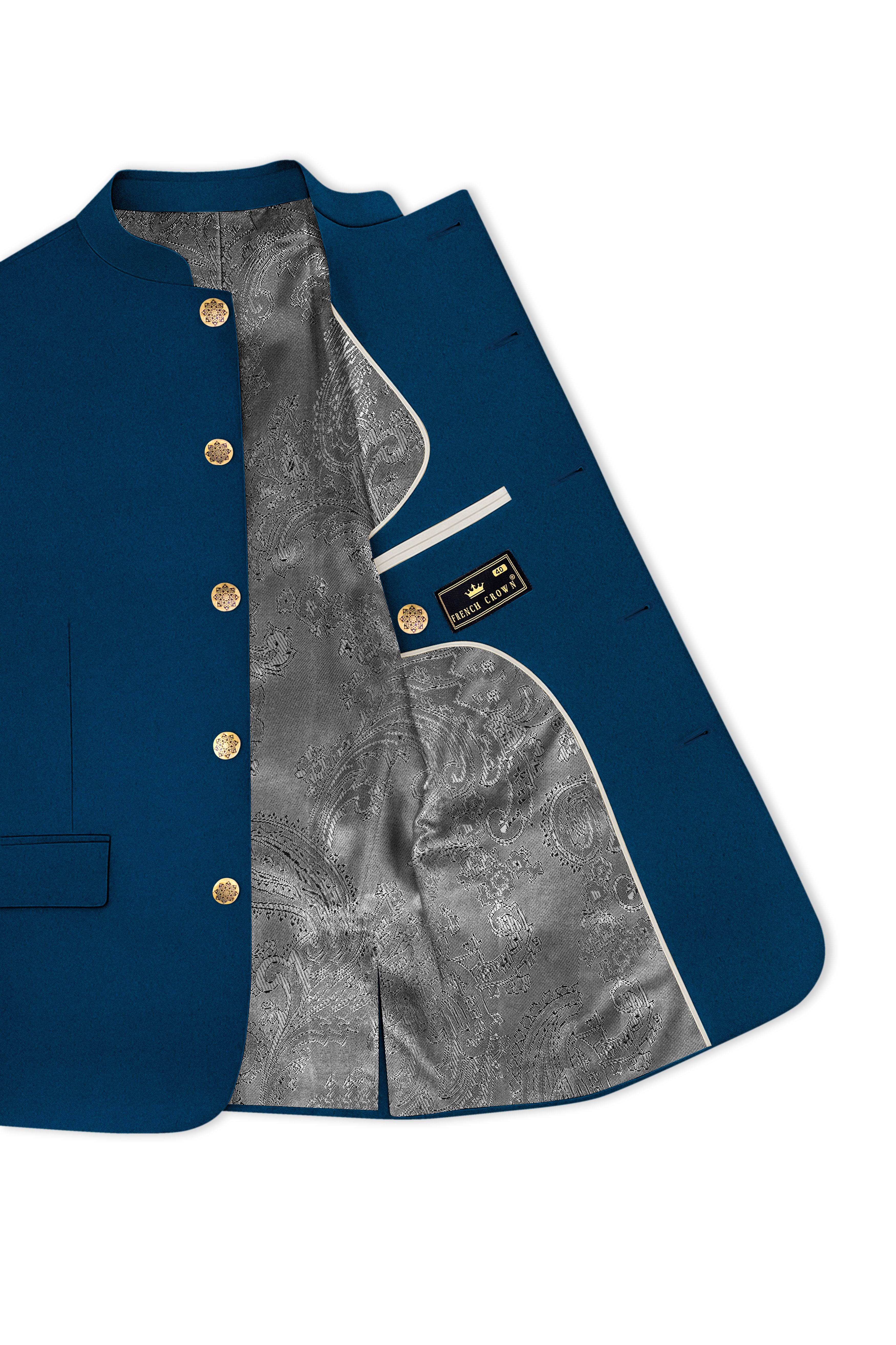 Aureblu-Korean Prussian Blue 4-Way Stretch Wrinkle-Free Wool Rich Bandhgala Blazer