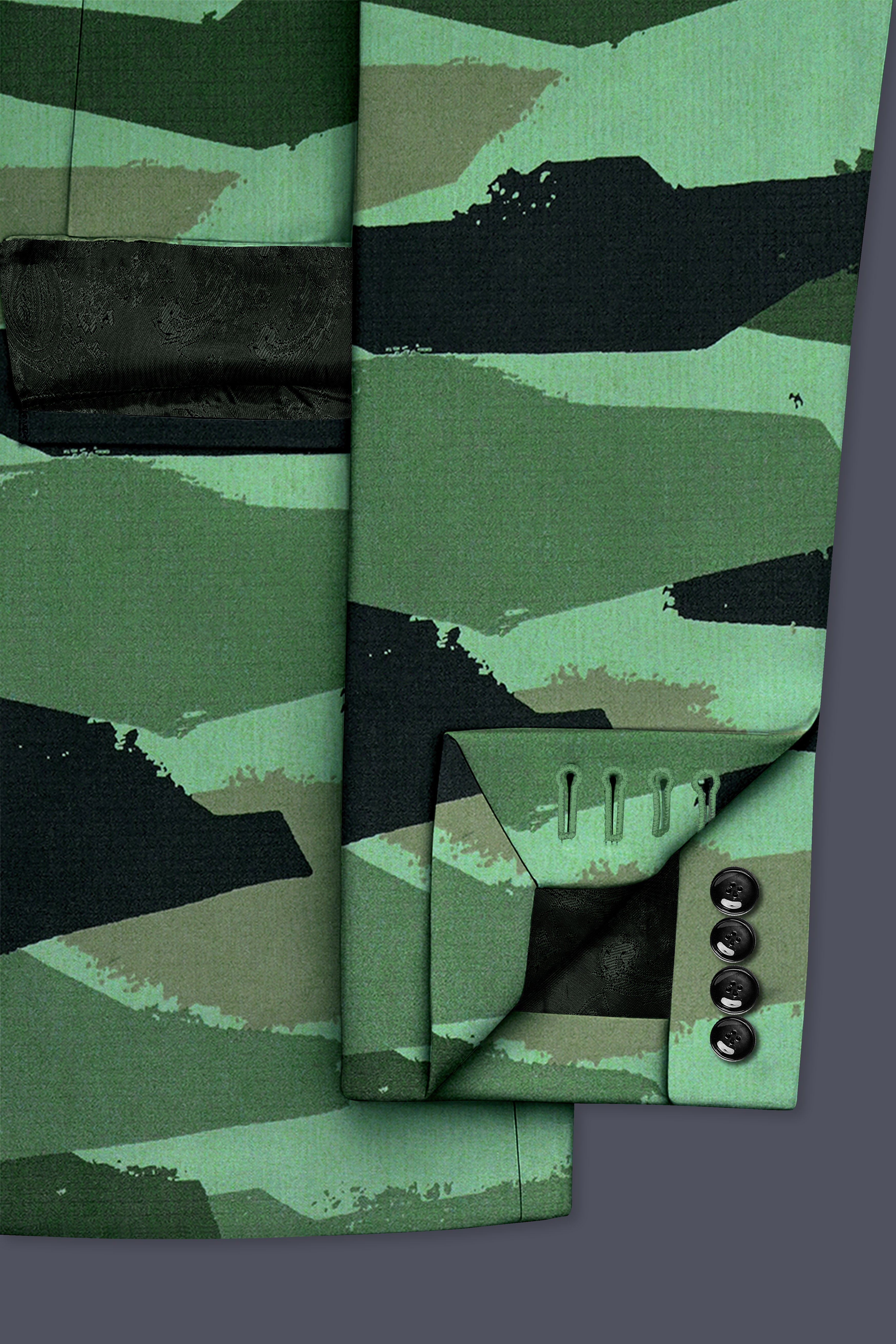 Verdvoro-Pale Green And Firefly Blue Camouflage Printed Premium Cotton Single Breasted Blazer