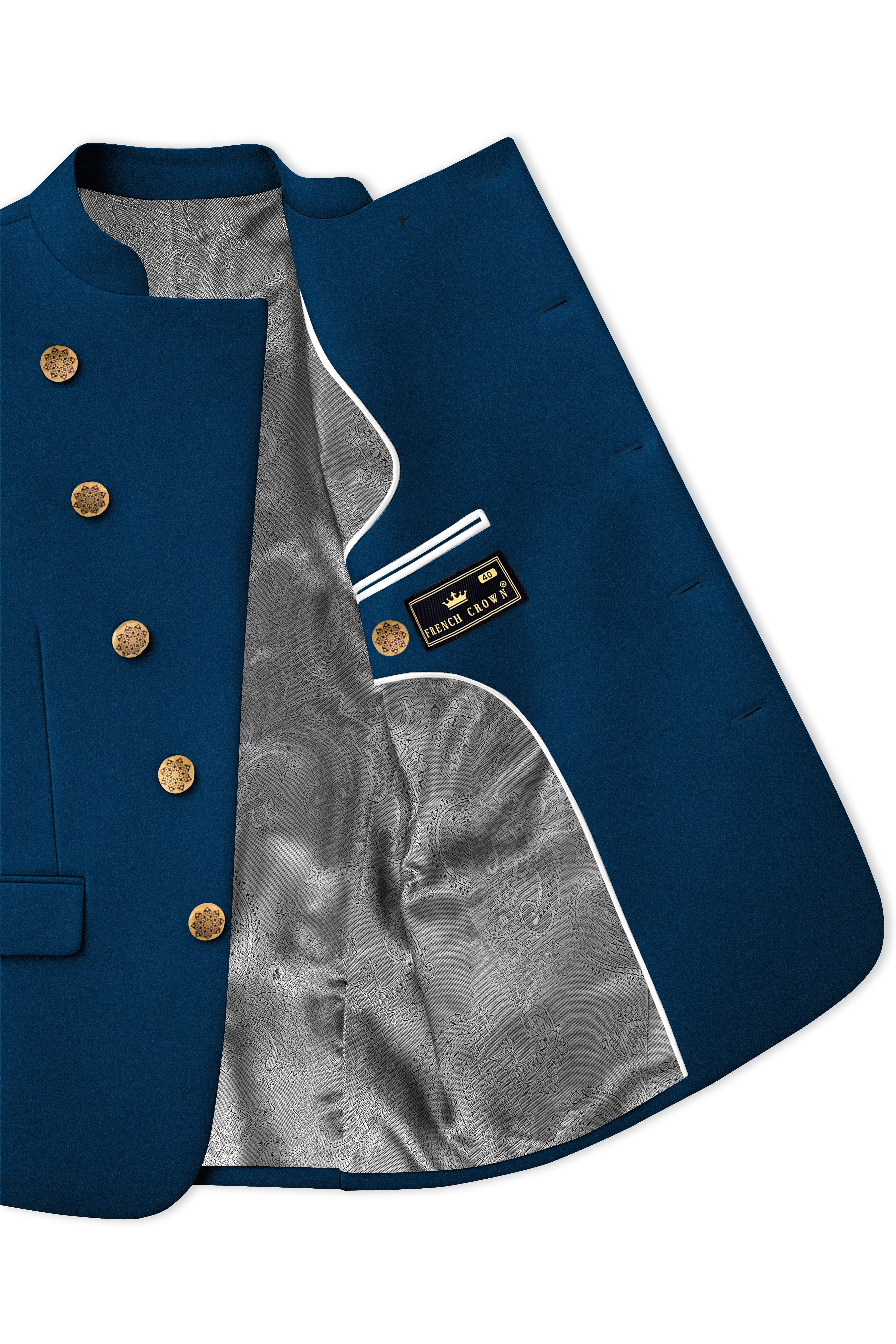 Aureblu-Korean Prussian Blue 4-Way Stretch Wrinkle-Free Wool Rich Cross Placket Bandhgala Blazer