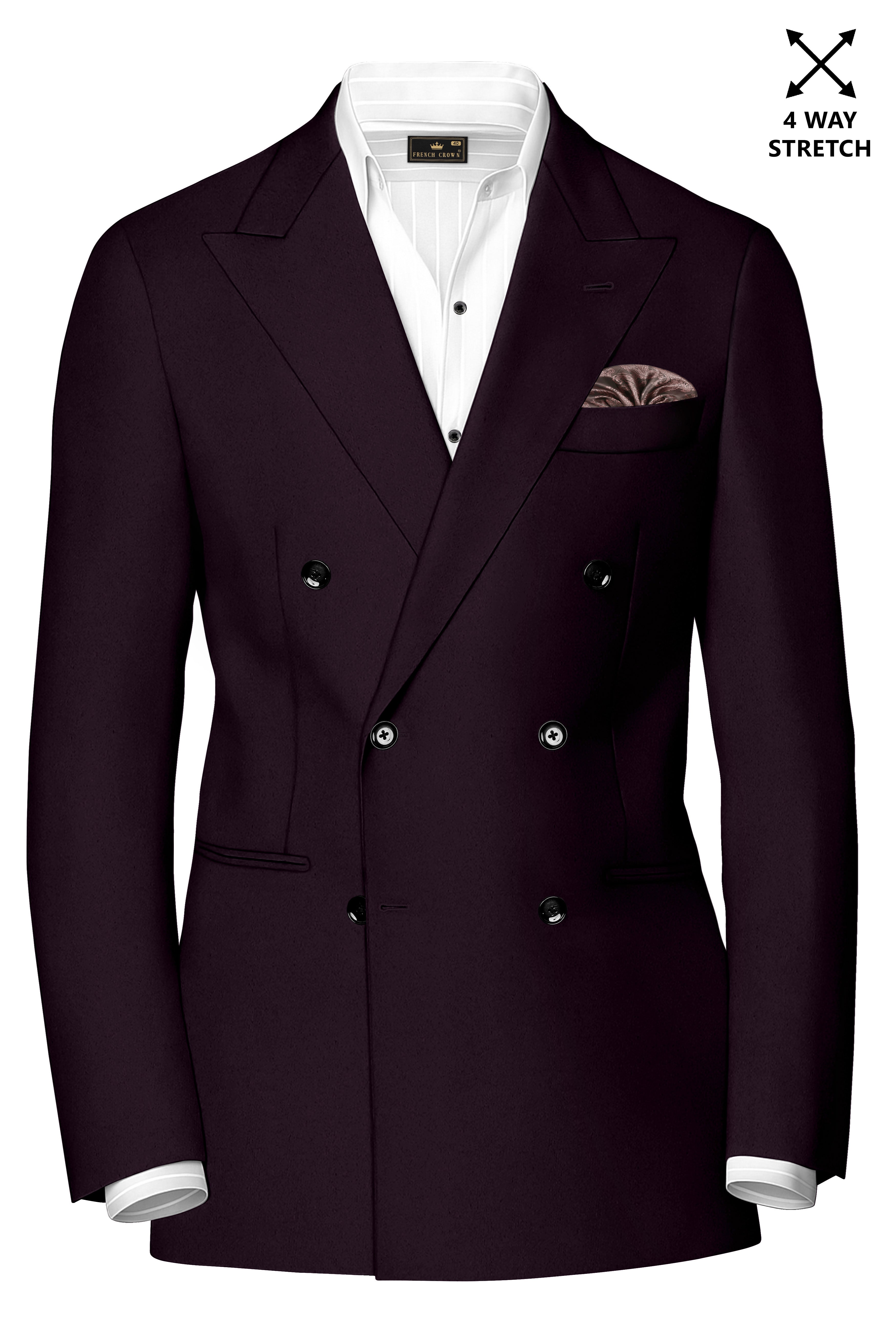 Marenzo-Korean Seal Maroon 4-Way Stretch Wool Rich Double Breasted Blazer