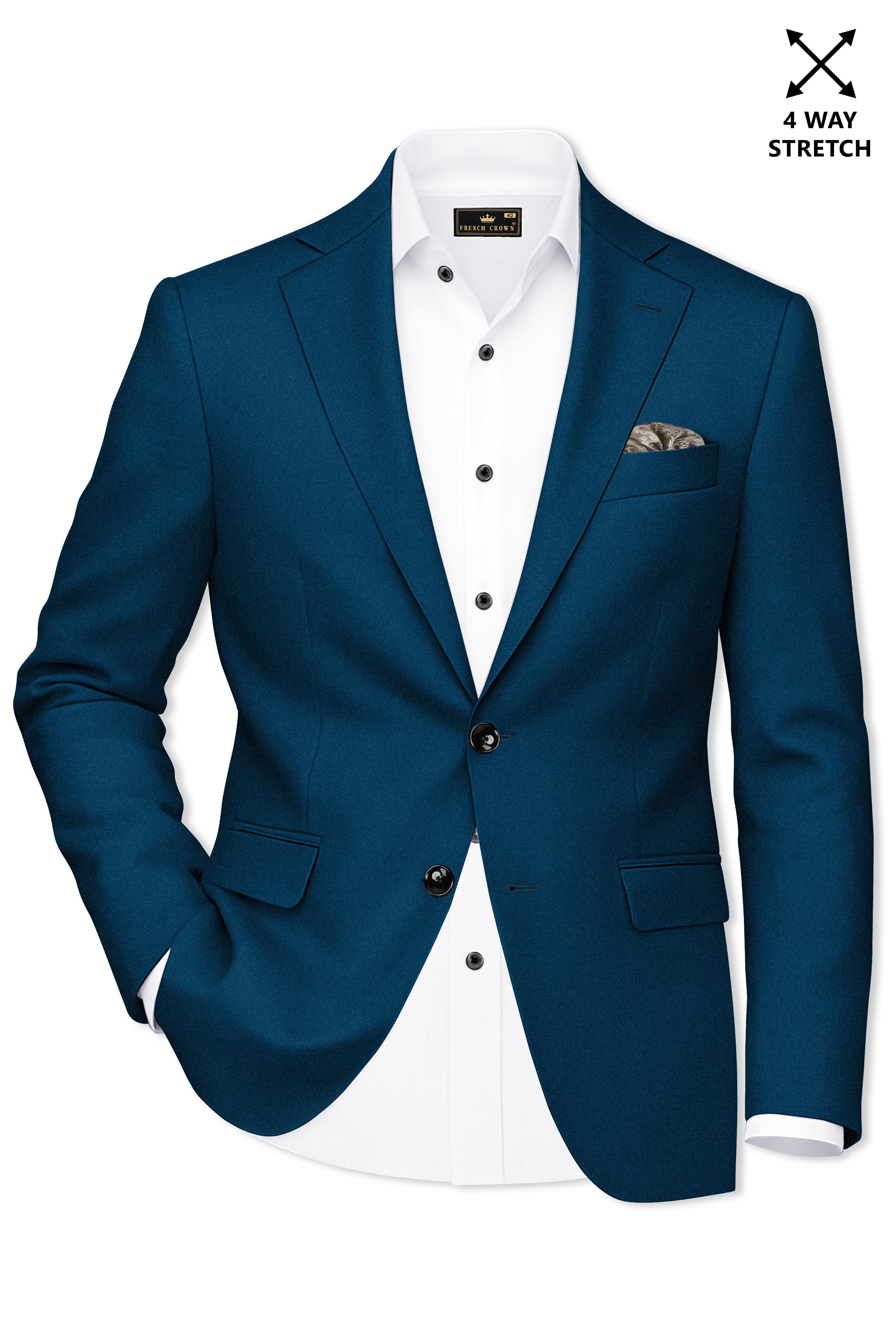 Aureblu-Korean Prussian Blue 4-Way Stretch Wool Rich Single Breasted Blazer