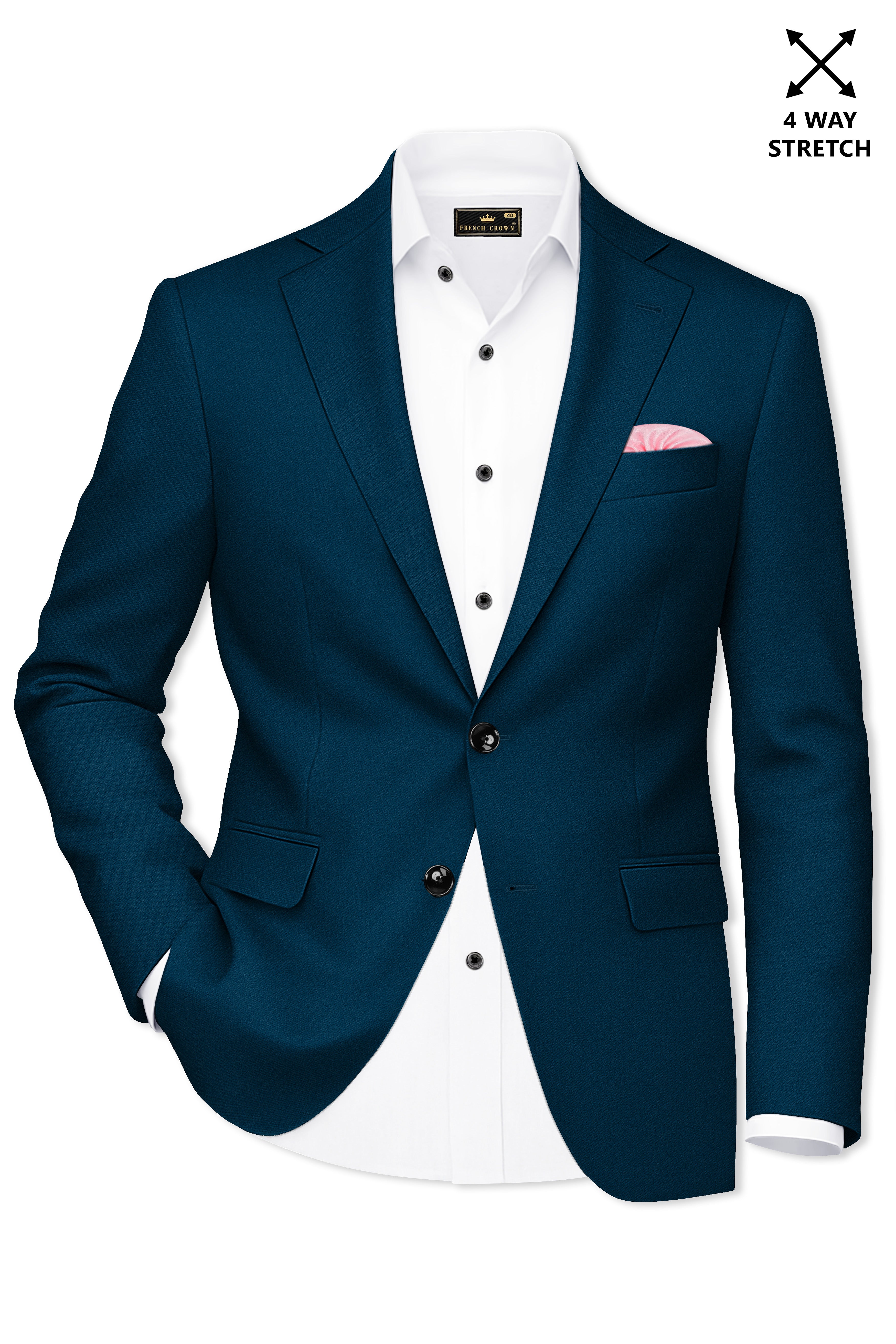 Aureblu-Korean Prussian Blue 4-Way Stretch Wool Rich Single Breasted Blazer