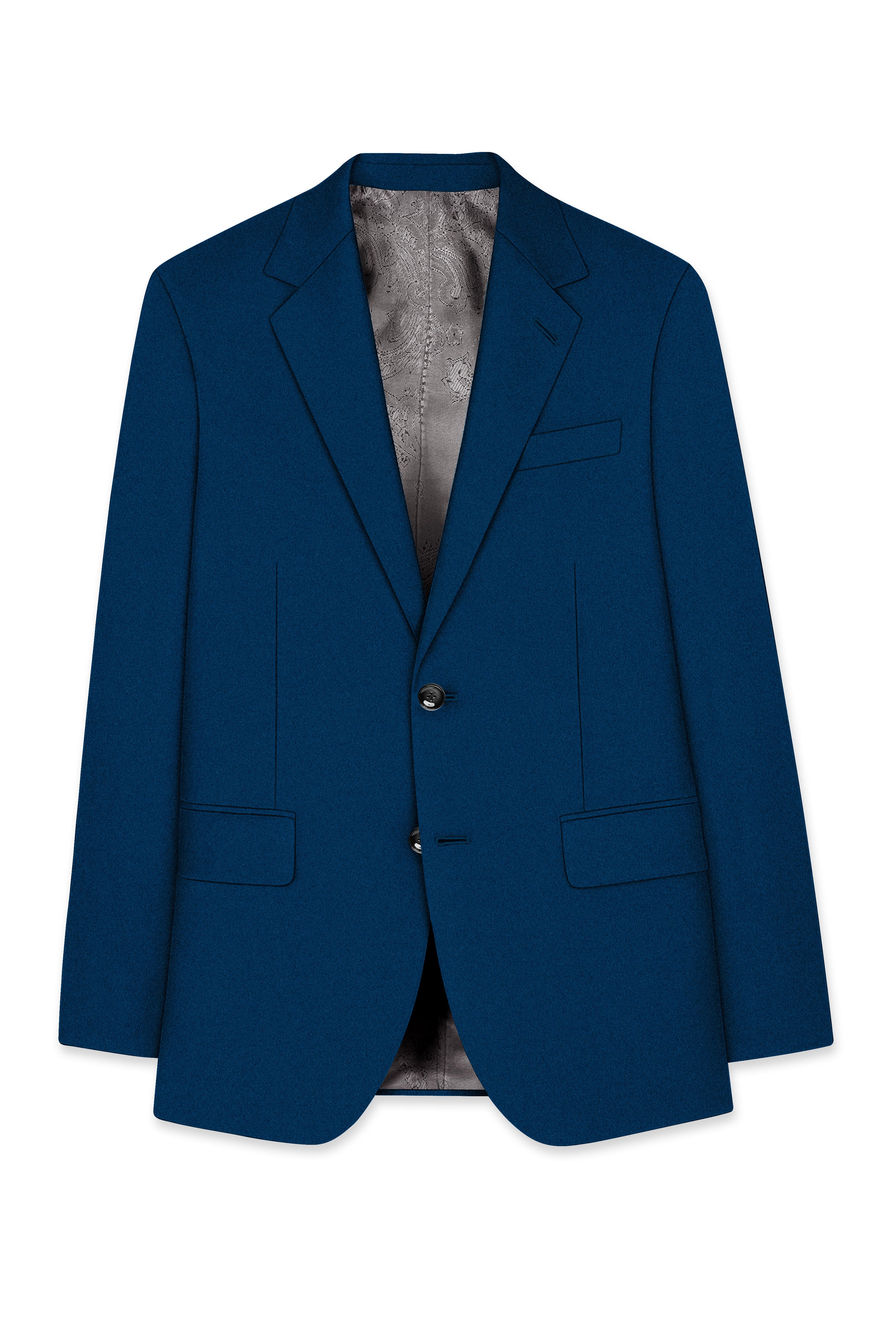 Aureblu-Korean Prussian Blue 4-Way Stretch Wrinkle-Free Wool Rich Single Breasted Blazer