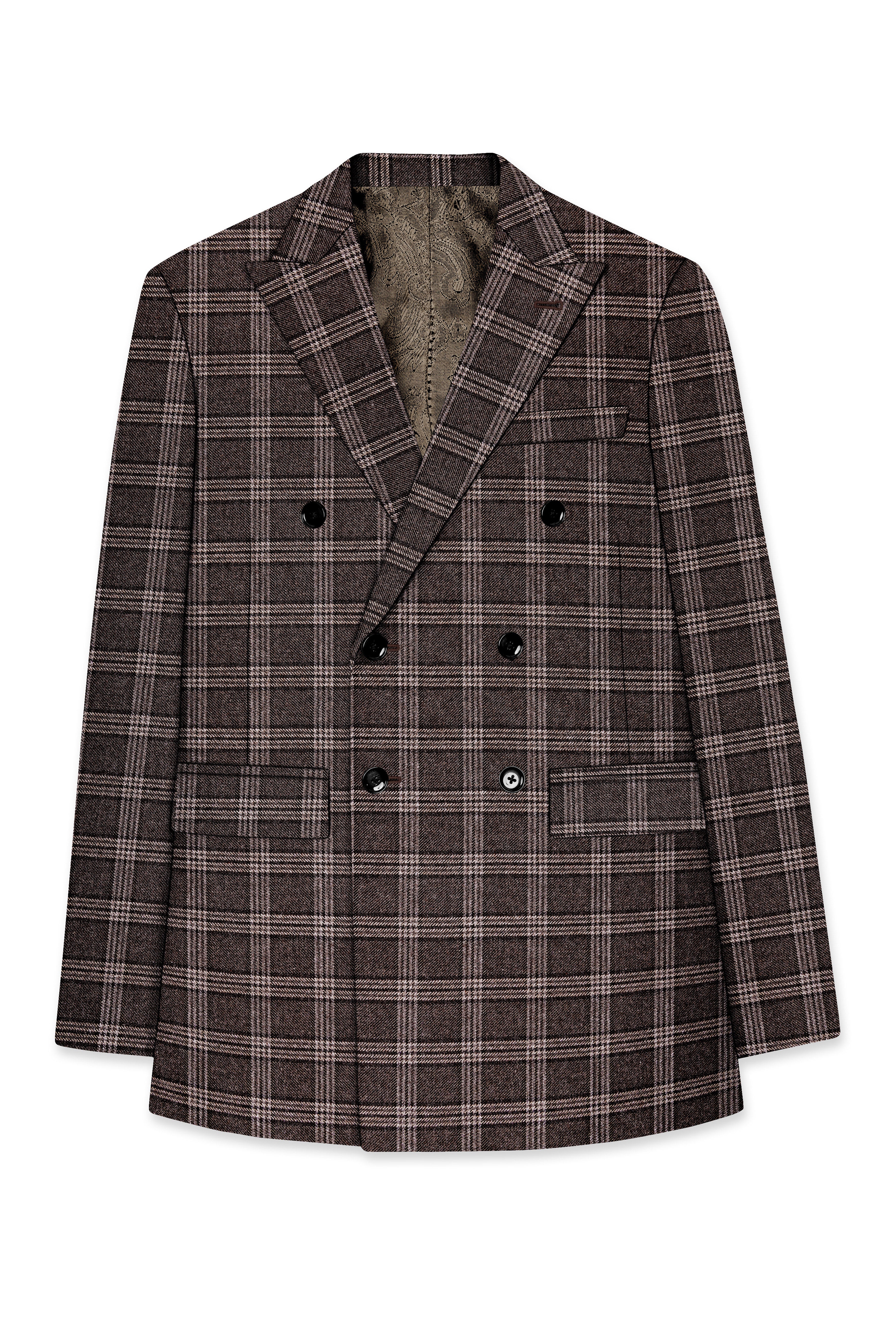 Eclenzo-Eclipse Brown Plaid Tweed Double Breasted Blazer
