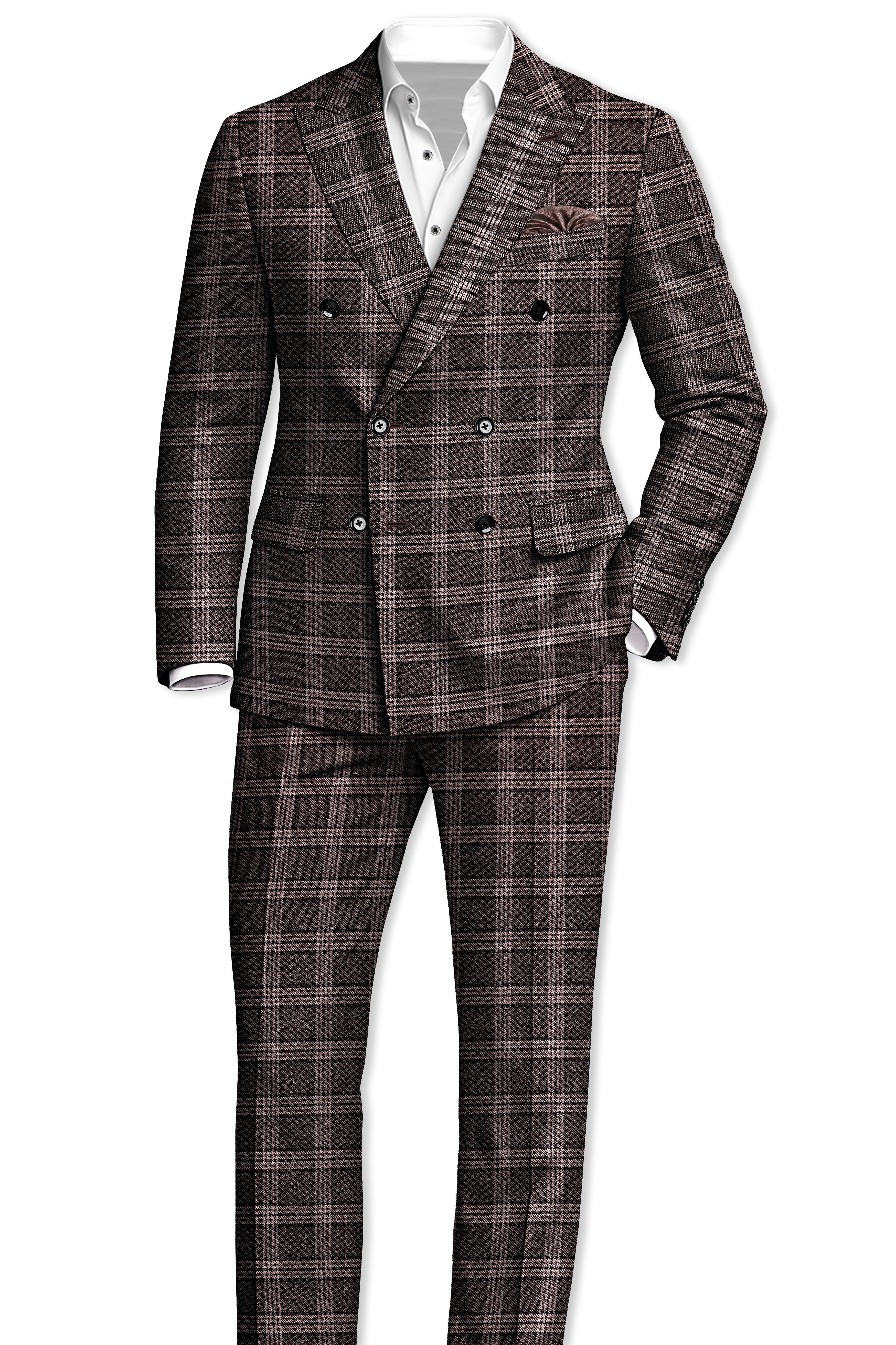 Eclenzo-Eclipse Brown Plaid Tweed Double Breasted Blazer