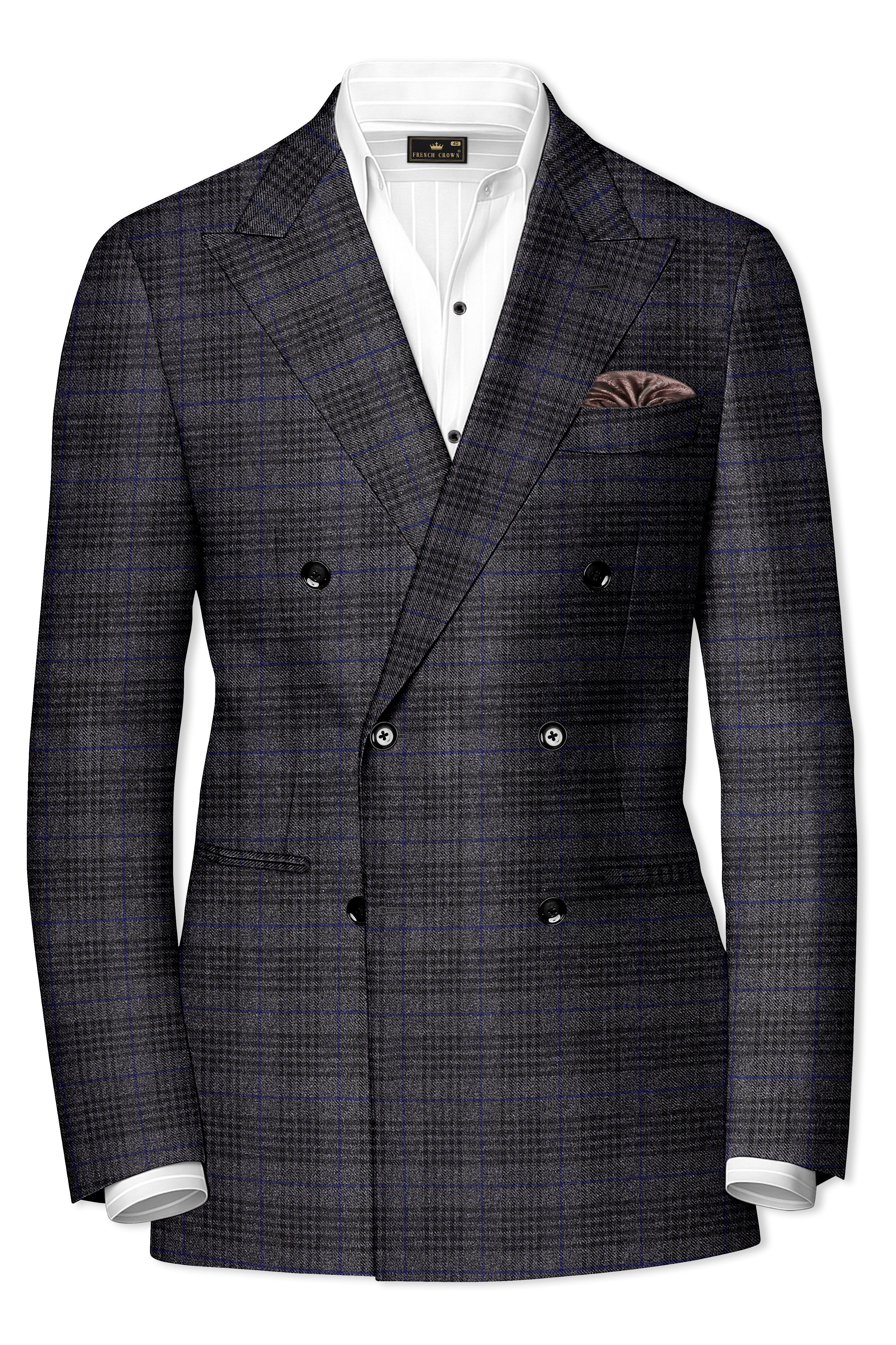 Cinerro-Shark Gray Plaid Tweed Double Breasted Blazer