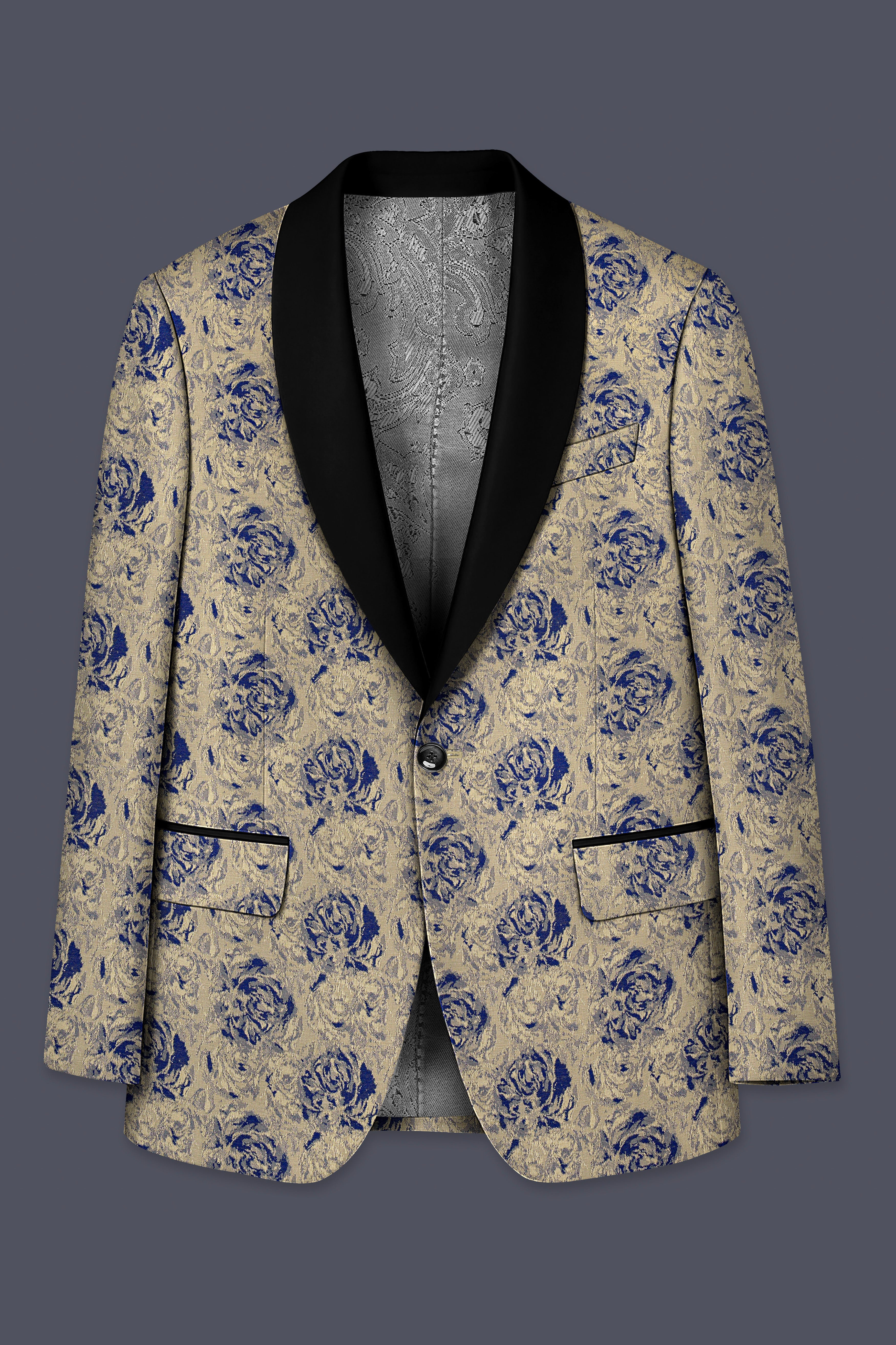 Jacqoro-Gravel Blue and Golden Jacquard Textured Tuxedo Blazer