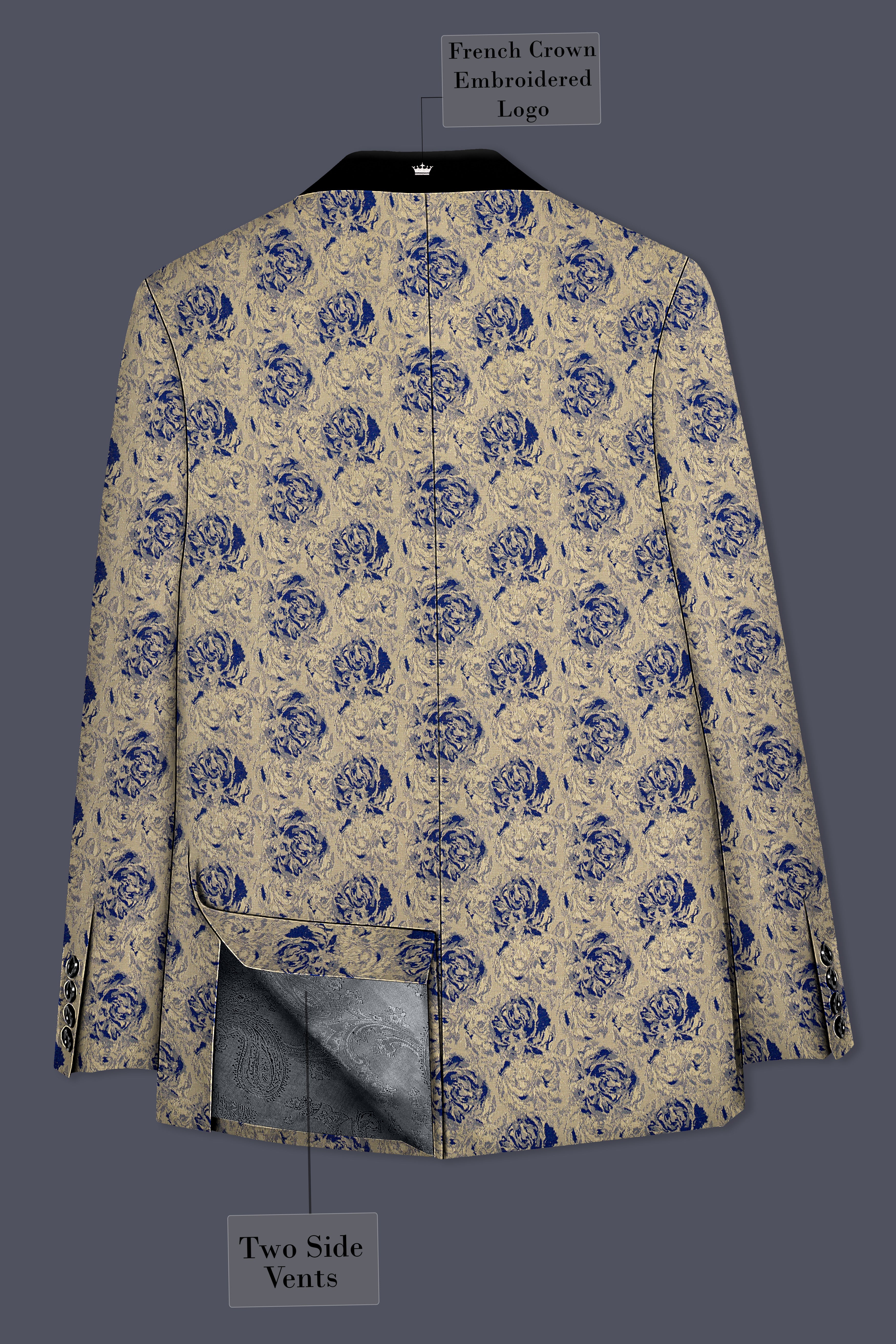 Jacqoro-Gravel Blue and Golden Jacquard Textured Tuxedo Blazer