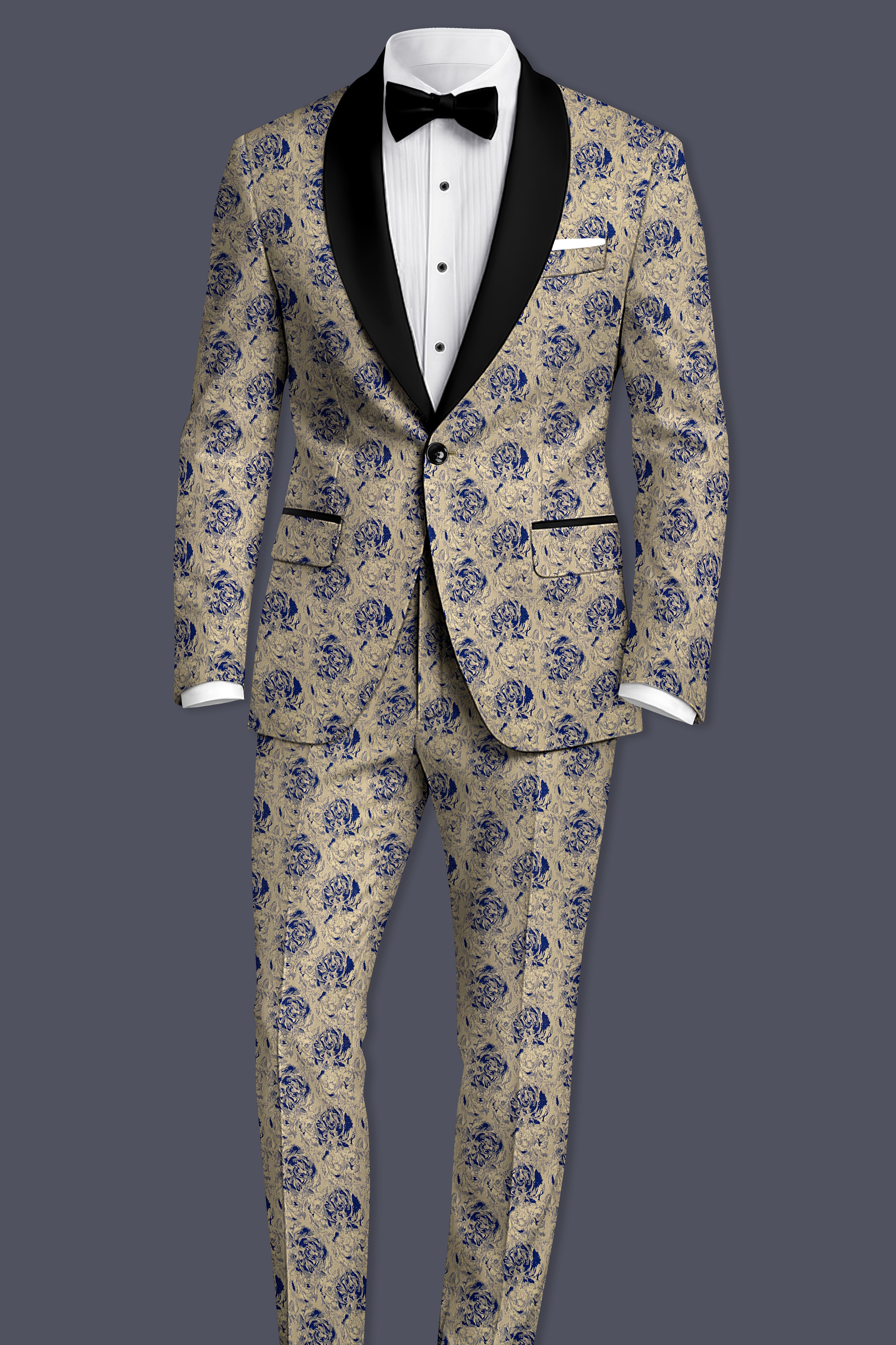 Jacqoro-Gravel Blue and Golden Jacquard Textured Tuxedo Blazer