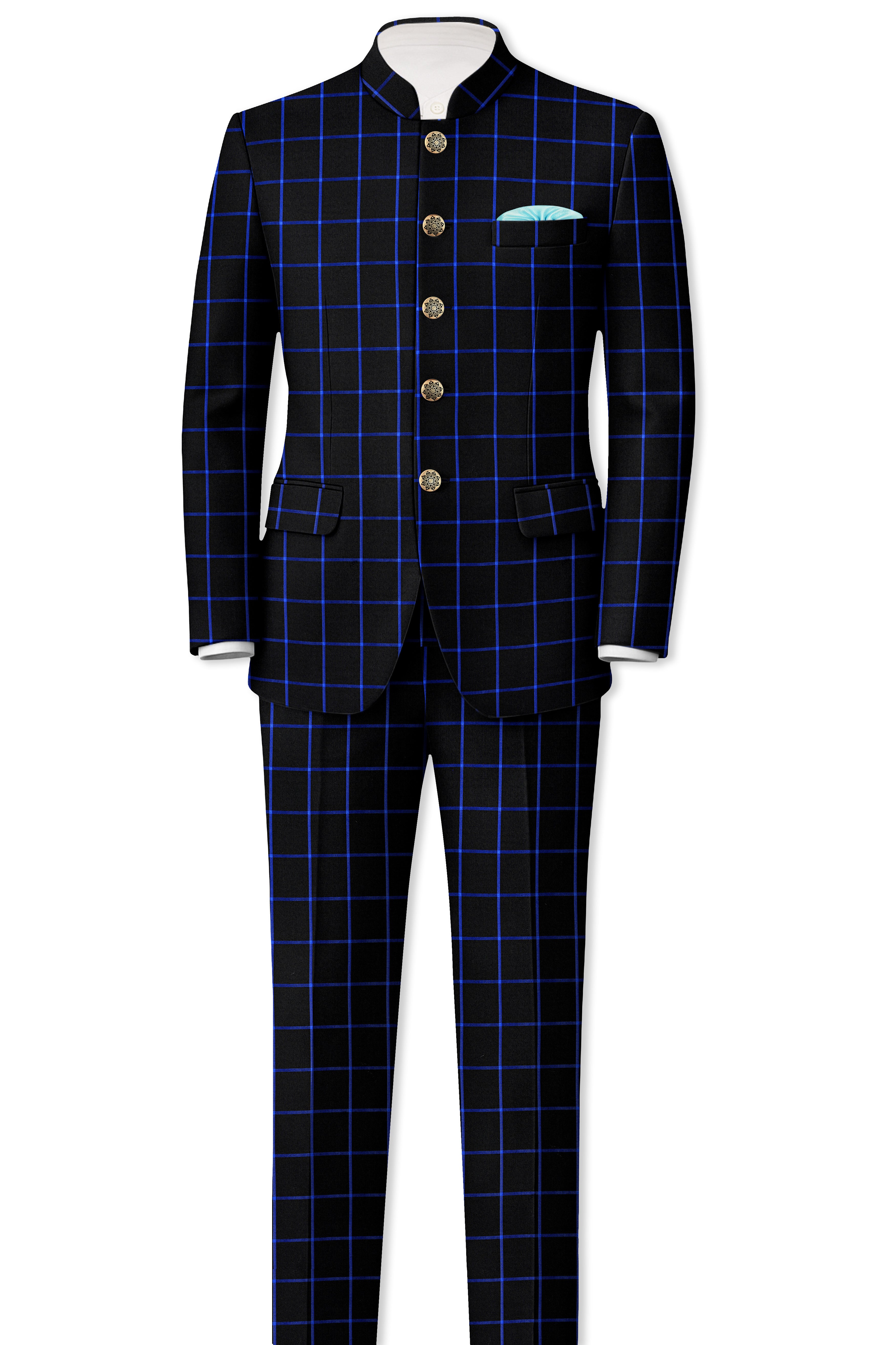 Panevoro-Jade Black With Cerulean Blue Windowpane Wool Rich Bandhgala Blazer
