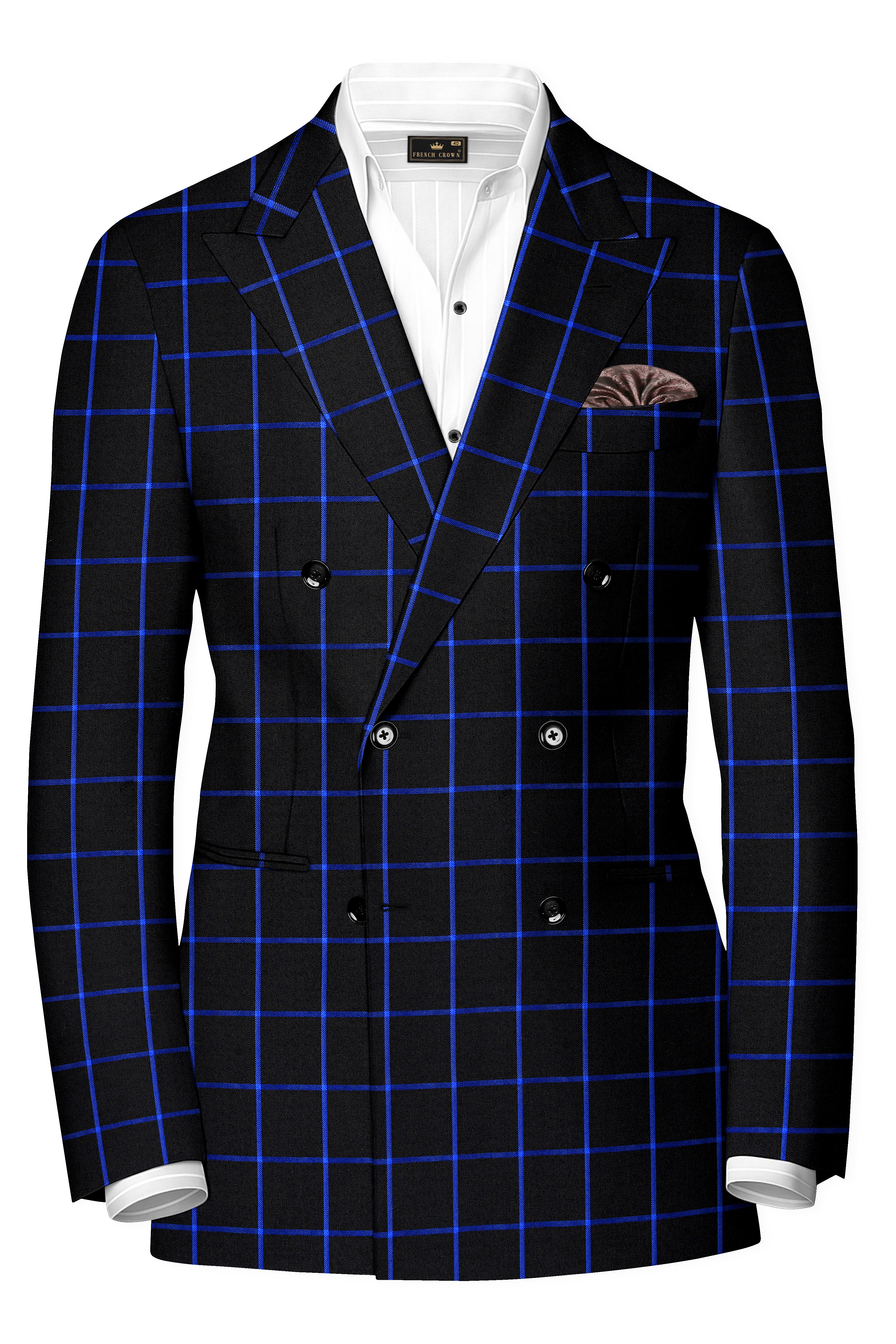 Panevoro-Jade Black With Cerulean Blue Windowpane Wool Rich Double Breasted Blazer