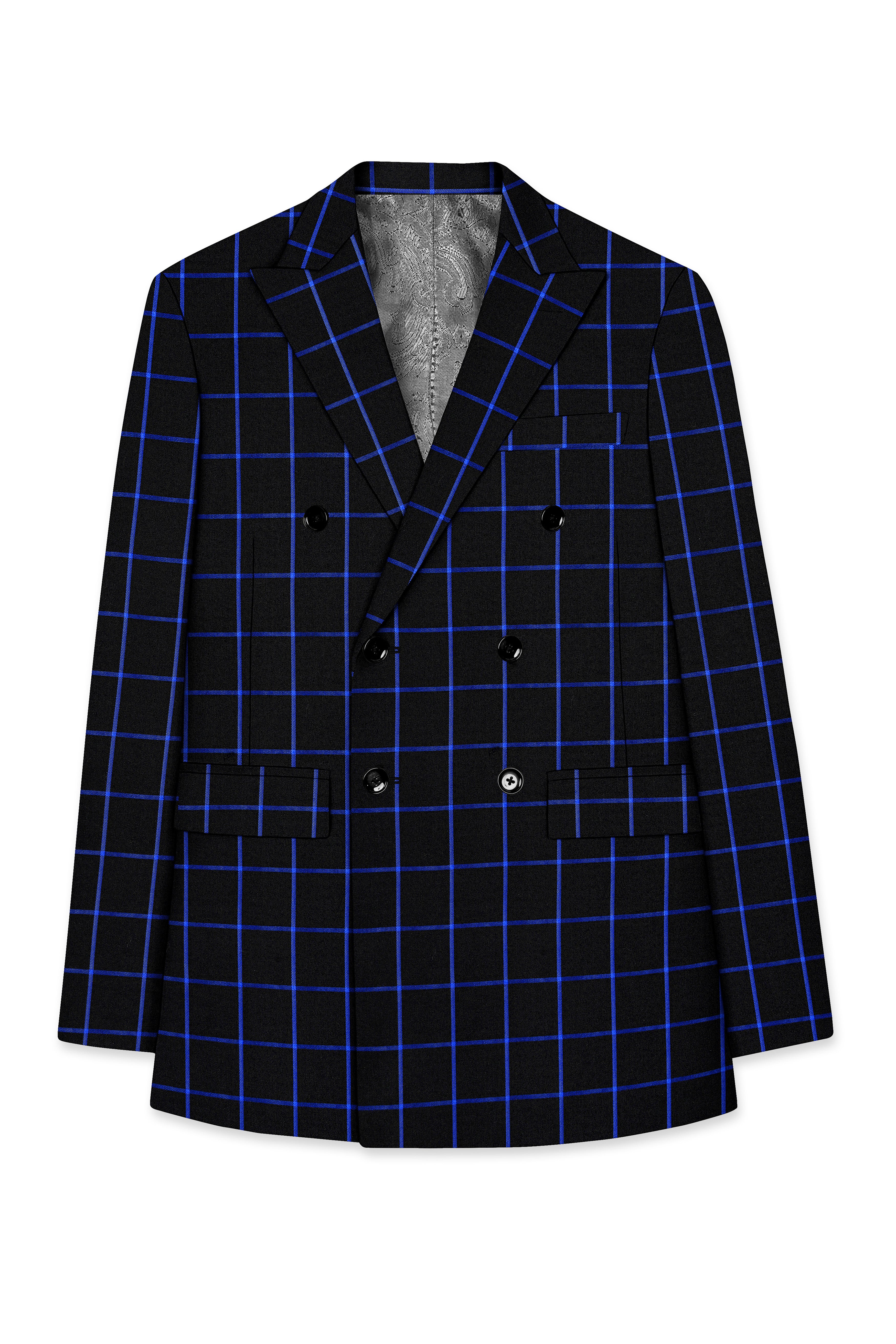 Panevoro-Jade Black With Cerulean Blue Windowpane Wool Rich Double Breasted Blazer