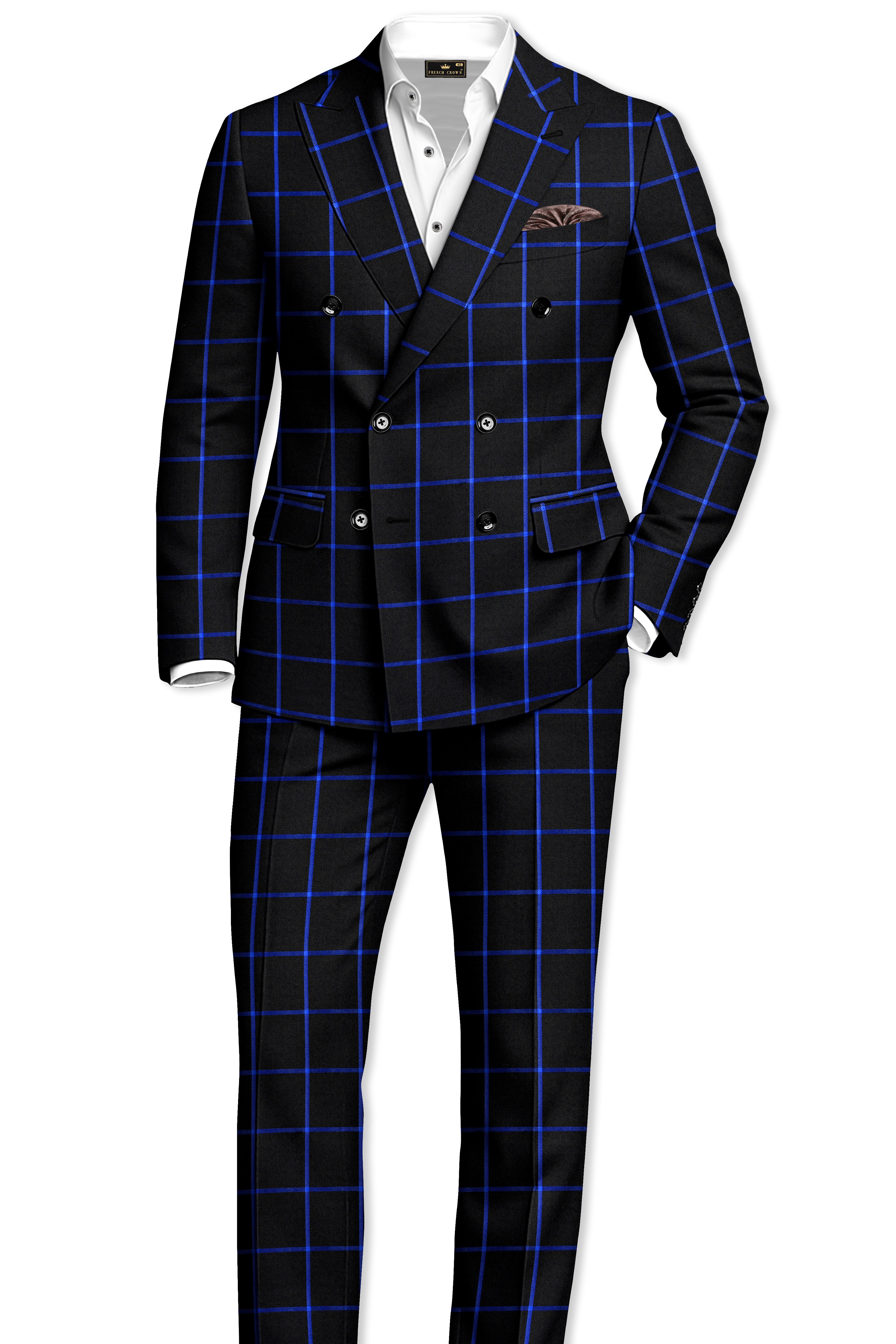 Panevoro-Jade Black With Cerulean Blue Windowpane Wool Rich Double Breasted Blazer