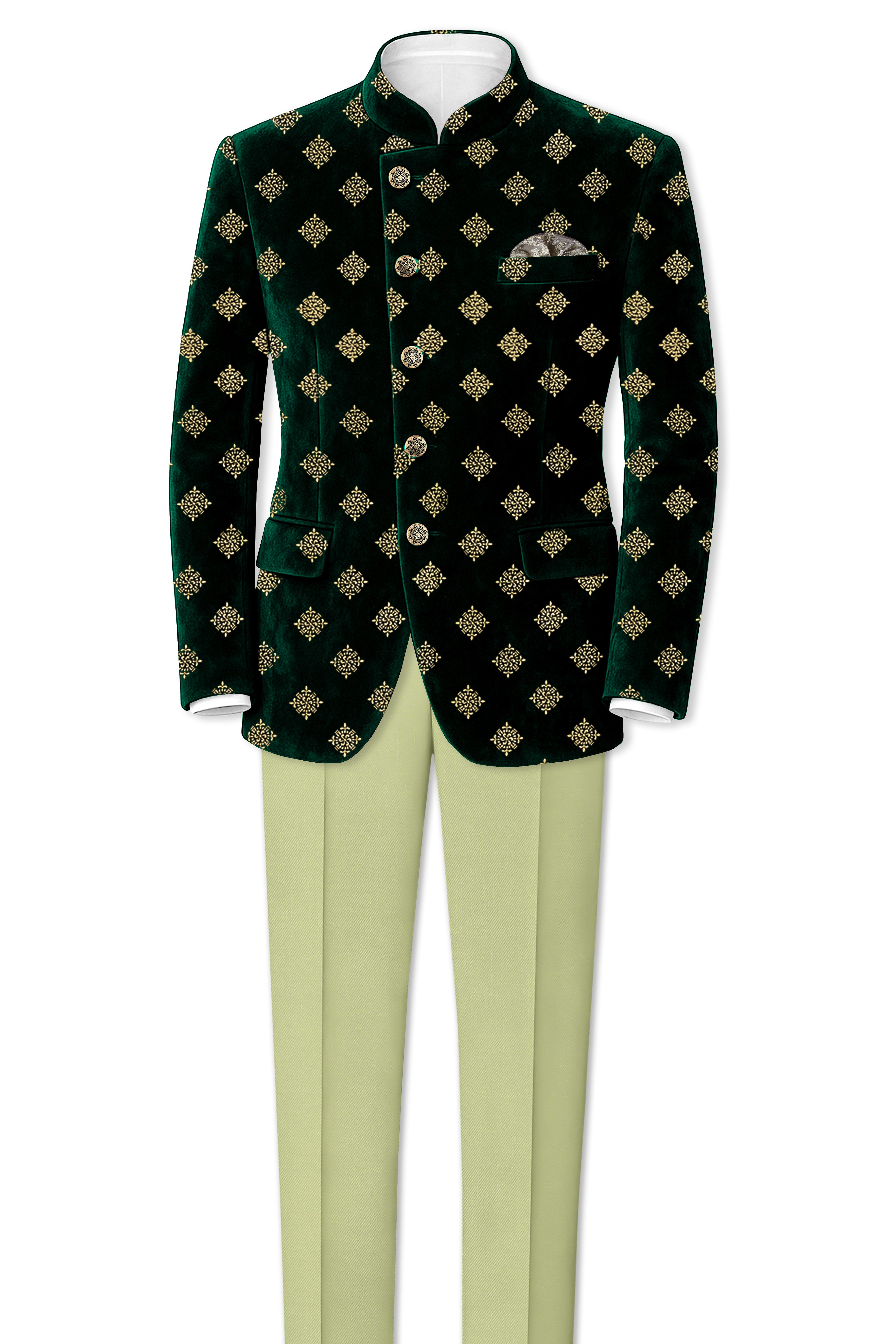 Verdoro-Gordons Green Textured Velvet Cross Placket Bandhgala Blazer