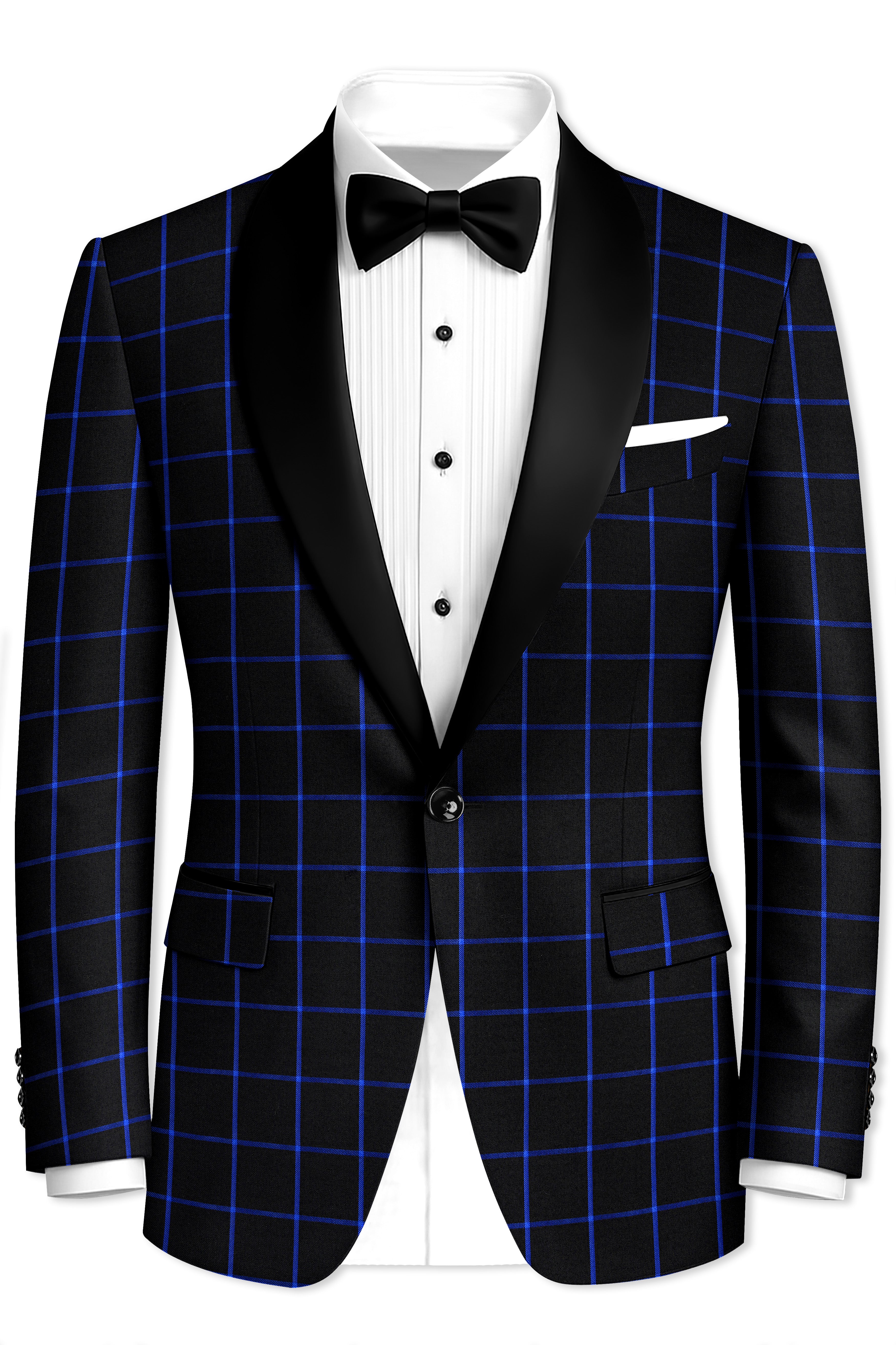 Panevoro-Jade Black With Cerulean Blue Windowpane Wool Rich Tuxedo Blazer