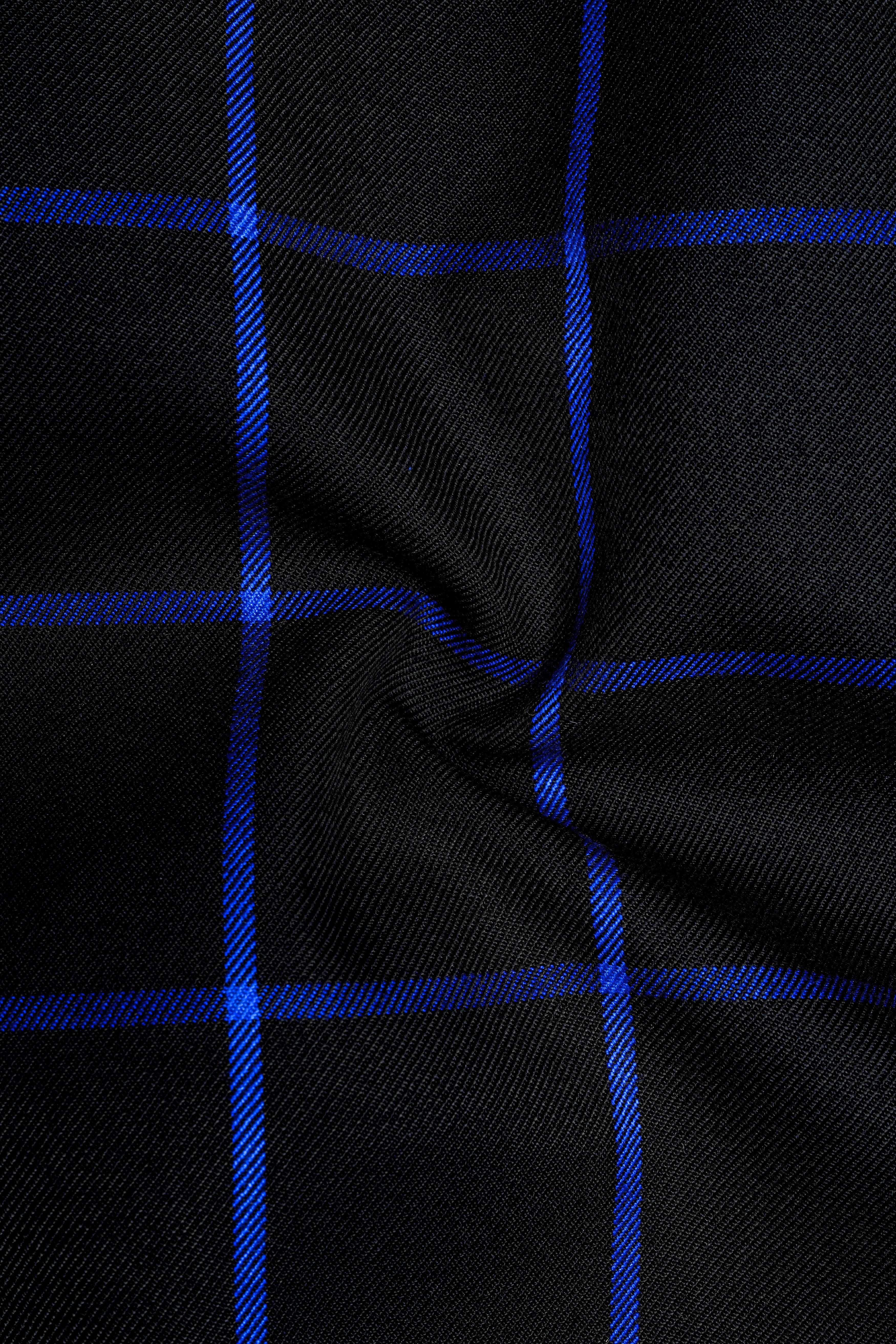 Panevoro-Jade Black With Cerulean Blue Windowpane Wool Rich Tuxedo Blazer