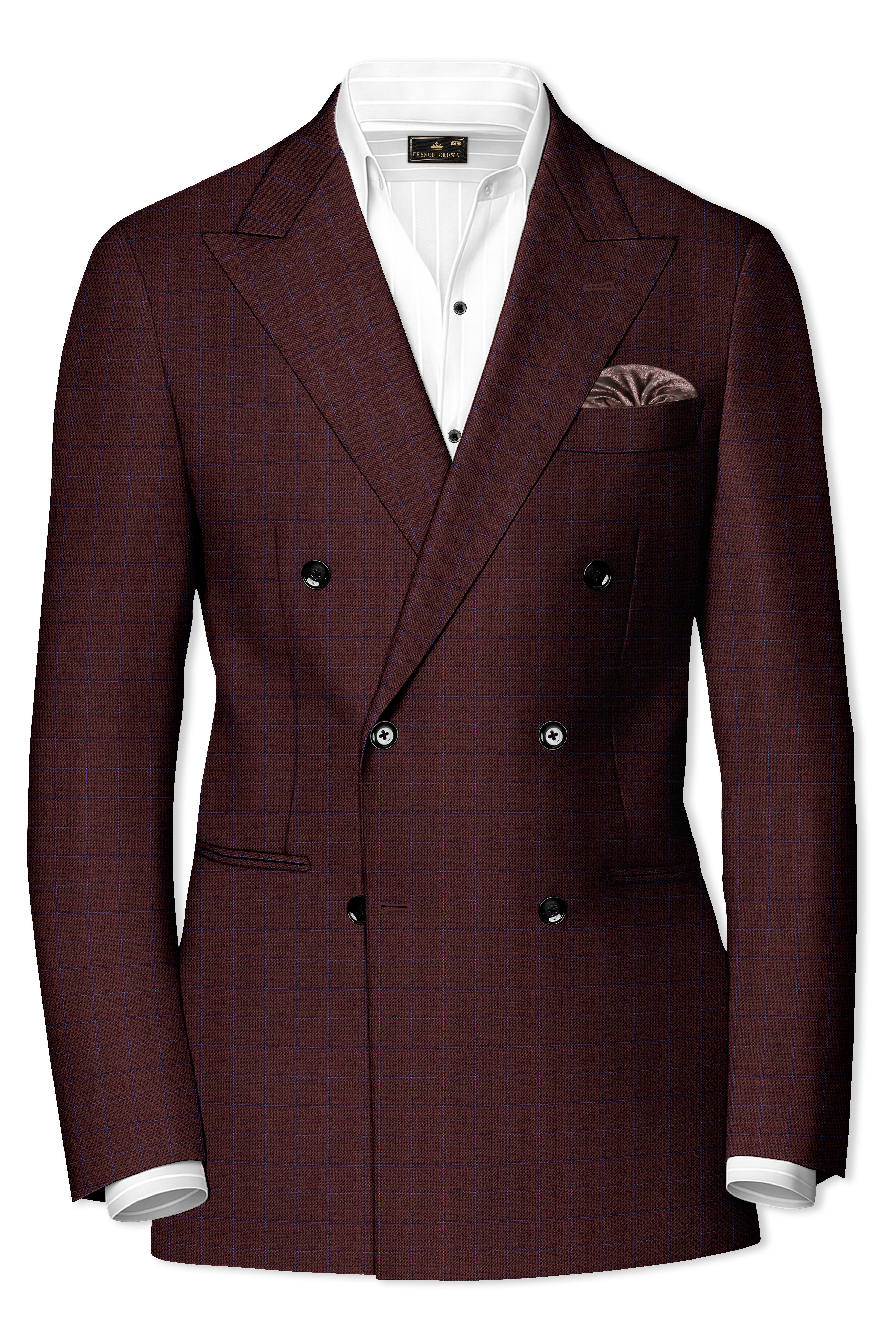 Wolvoro-Eclipse Brown Plaid Wool Rich Double Breasted Blazer