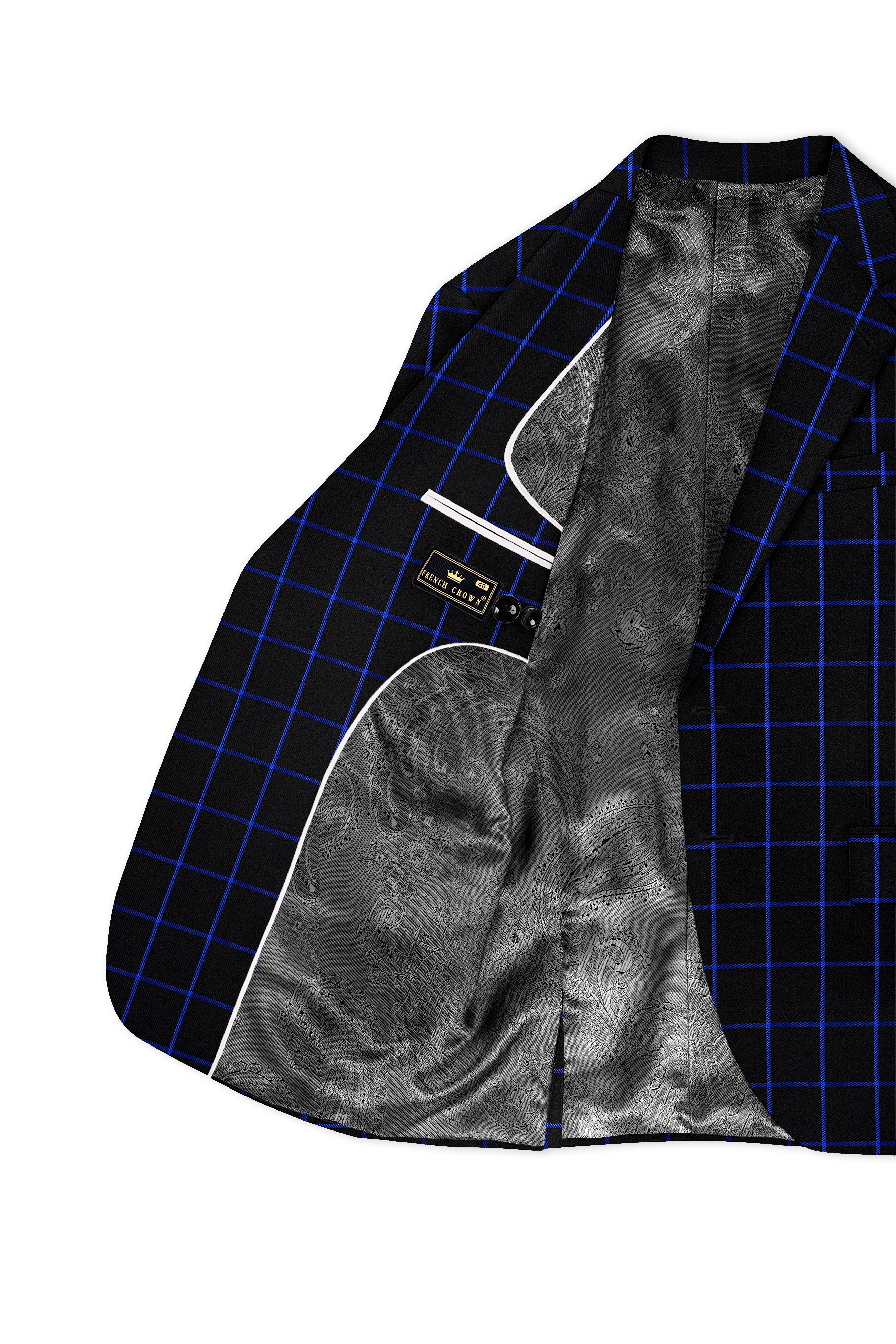 Panevoro-Jade Black With Cerulean Blue Windowpane Wool Rich Single Breasted Blazer