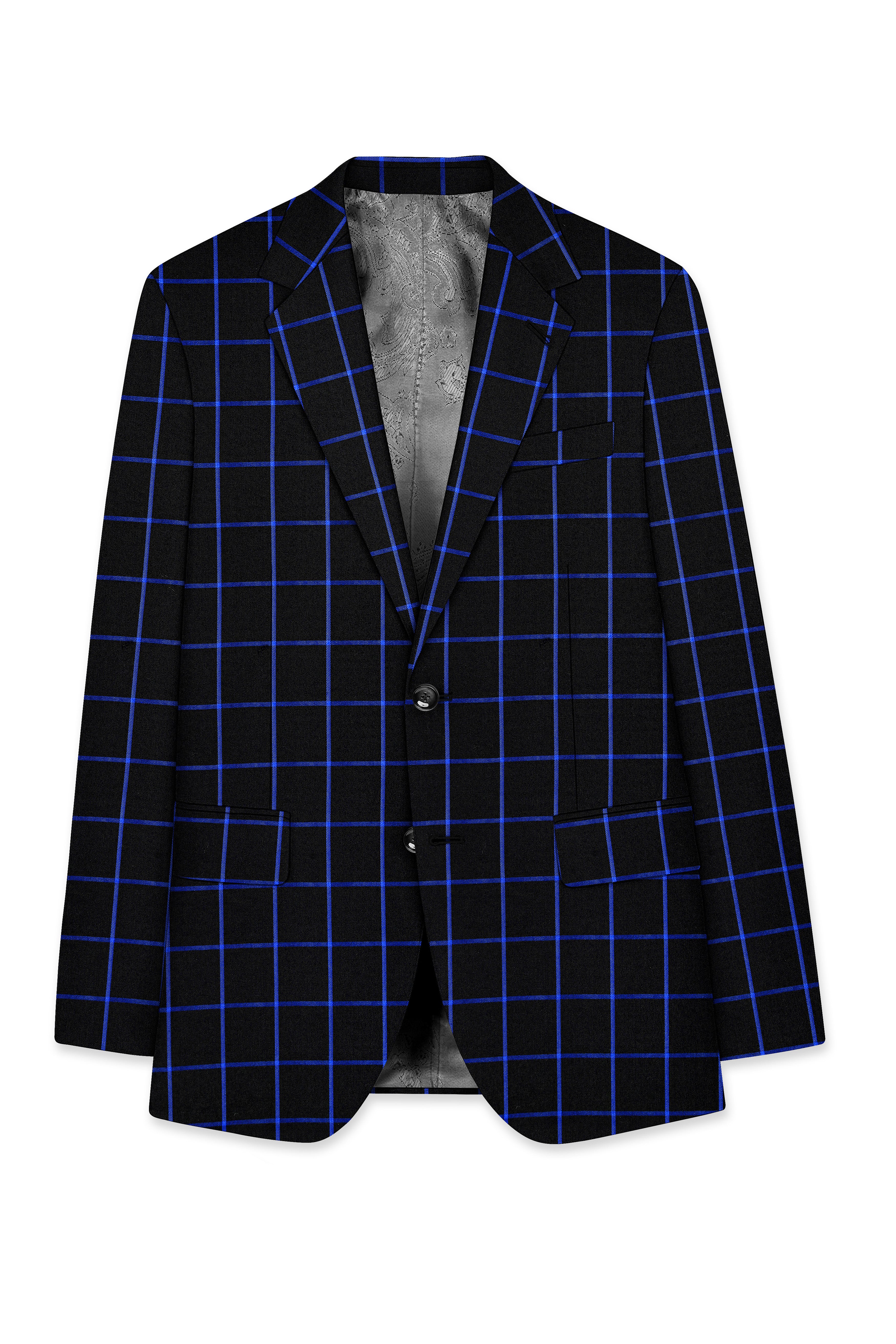 Panevoro-Jade Black With Cerulean Blue Windowpane Wool Rich Single Breasted Blazer