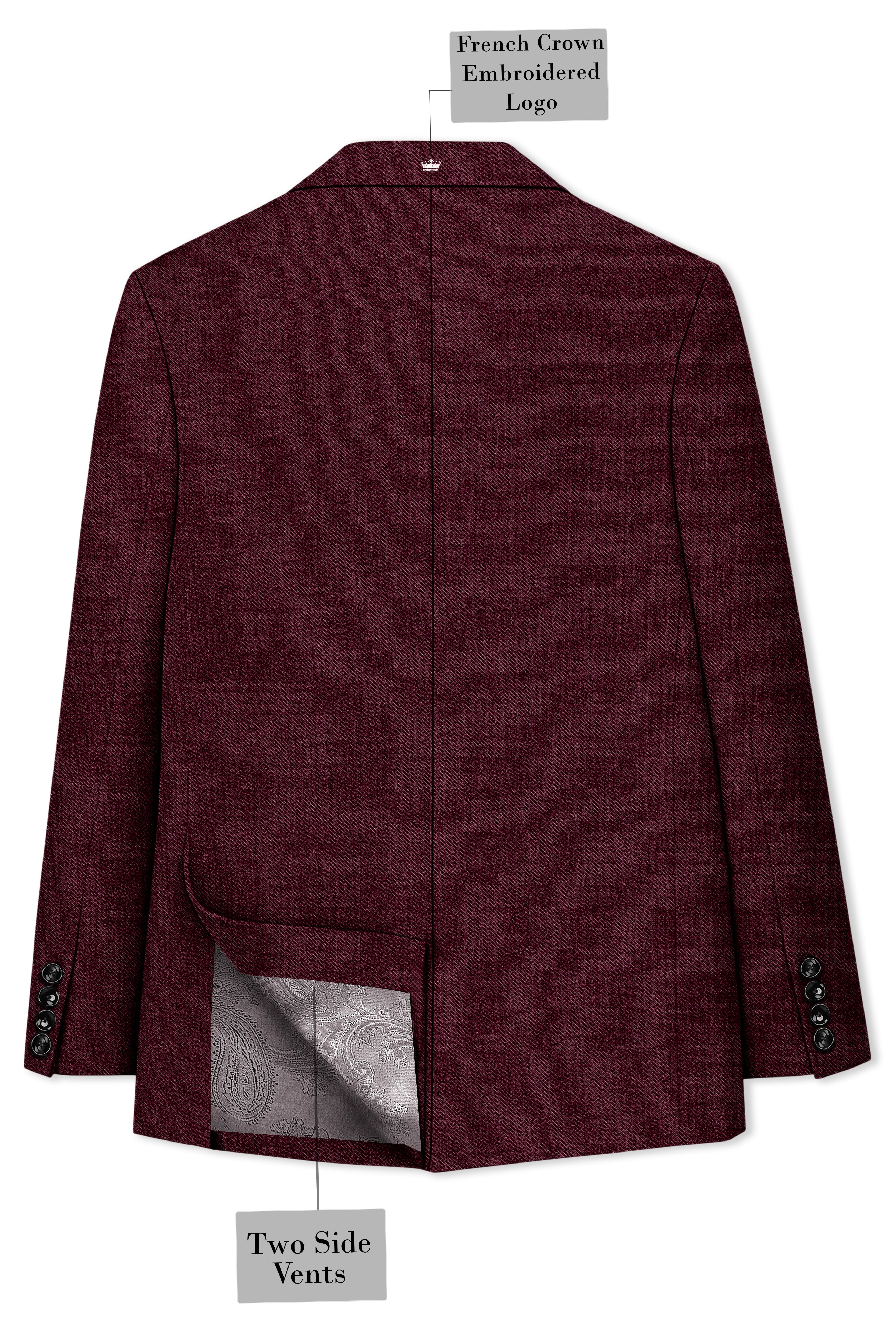 Burgvoro-Crated Maroon Textured Tweed Double Breasted Blazer