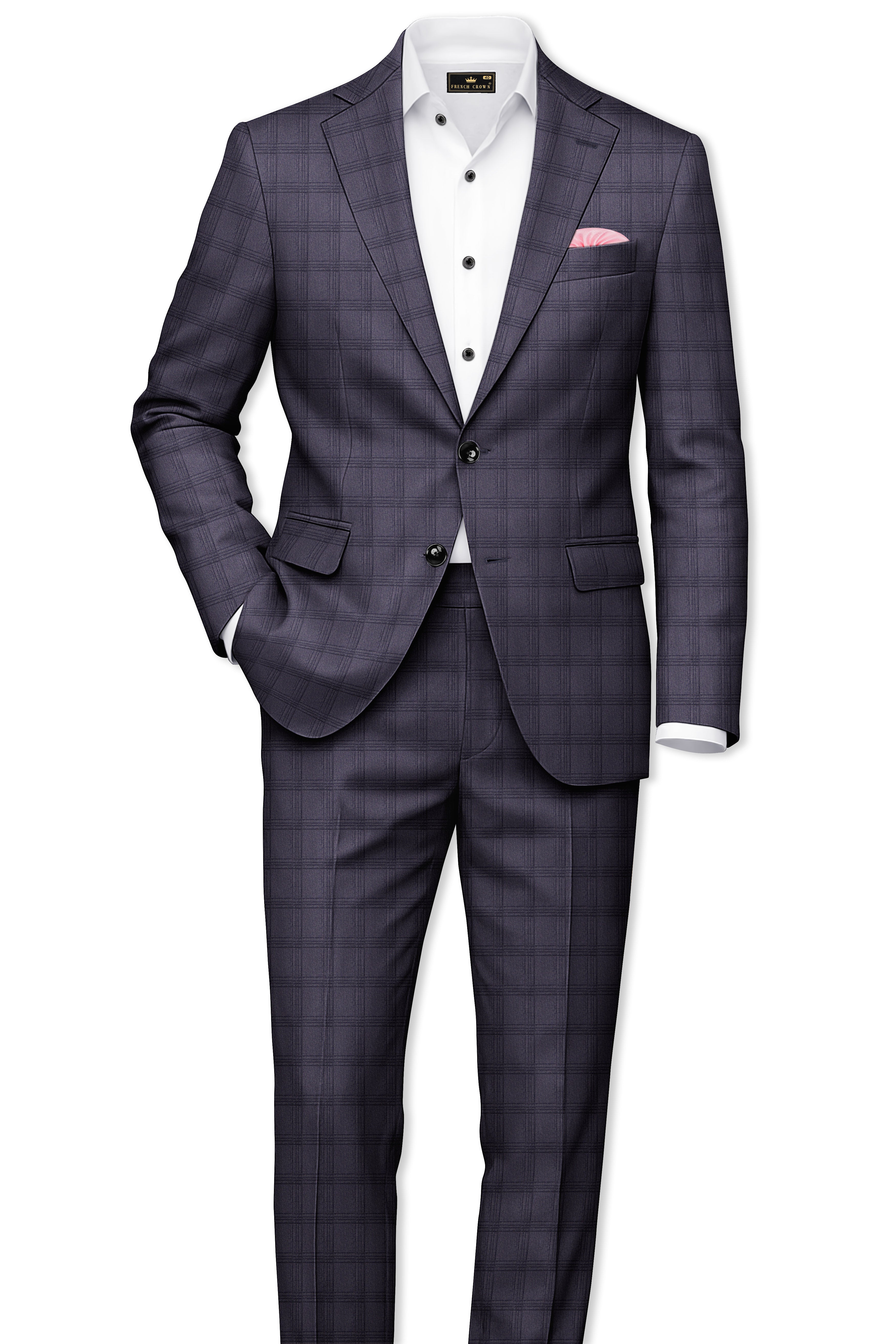 Auretuna-Tuna Blue Tonal Check Plaid Wool Rich Single Breasted Blazer