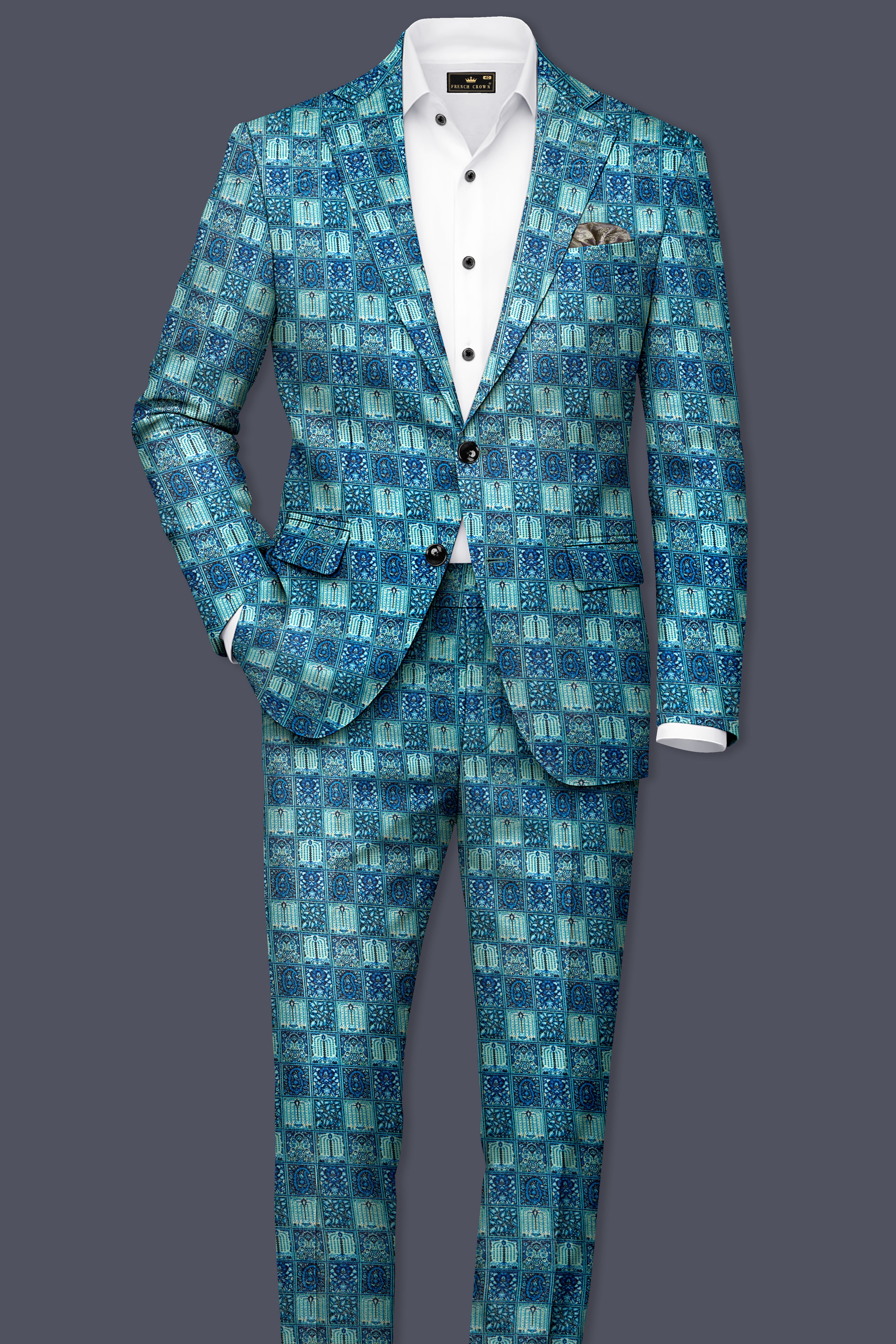 Mosaivoro-Caribbean Blue Geometric Mosaic Printed Velvet Single Breasted Blazer