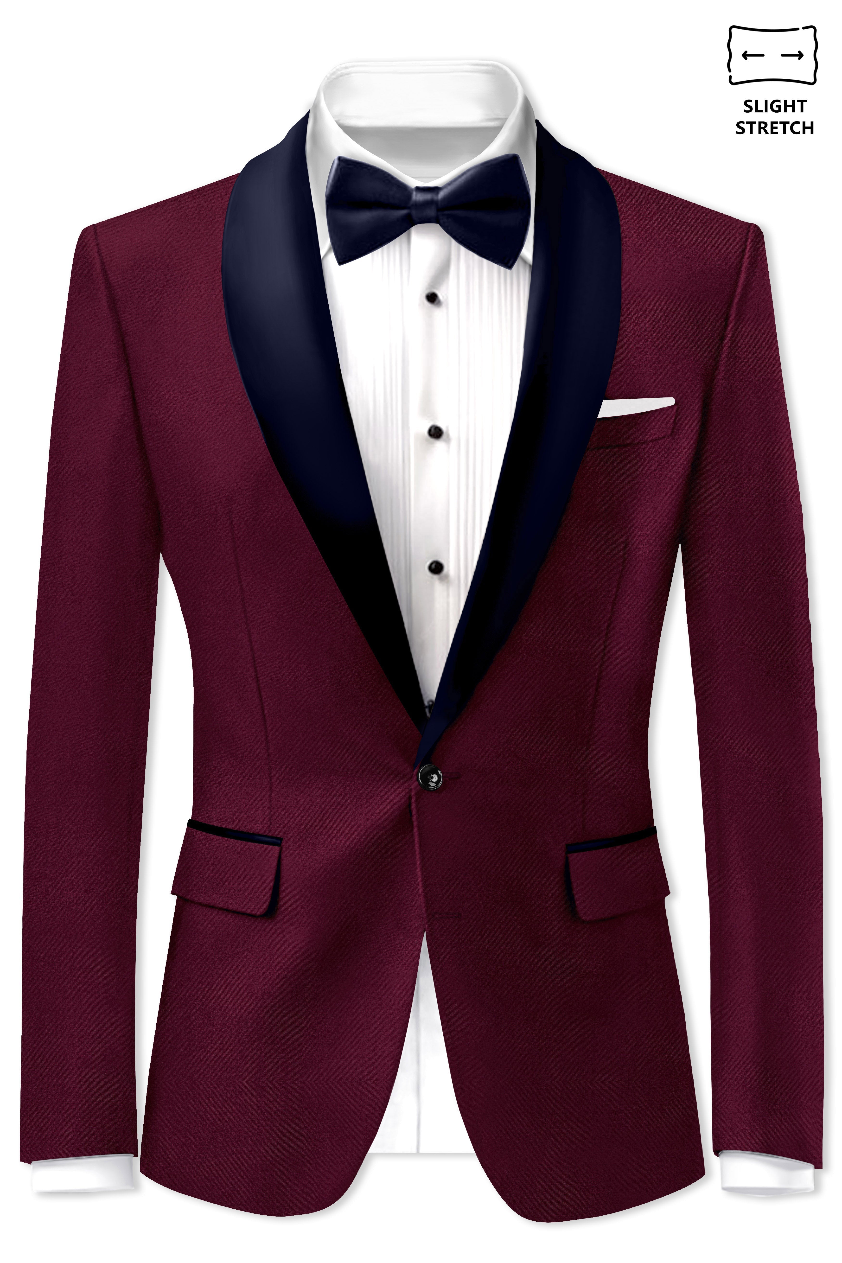Regal Maroon-Tamarind With Blue Lepal Solid Wool Rich Tuxedo Blazer