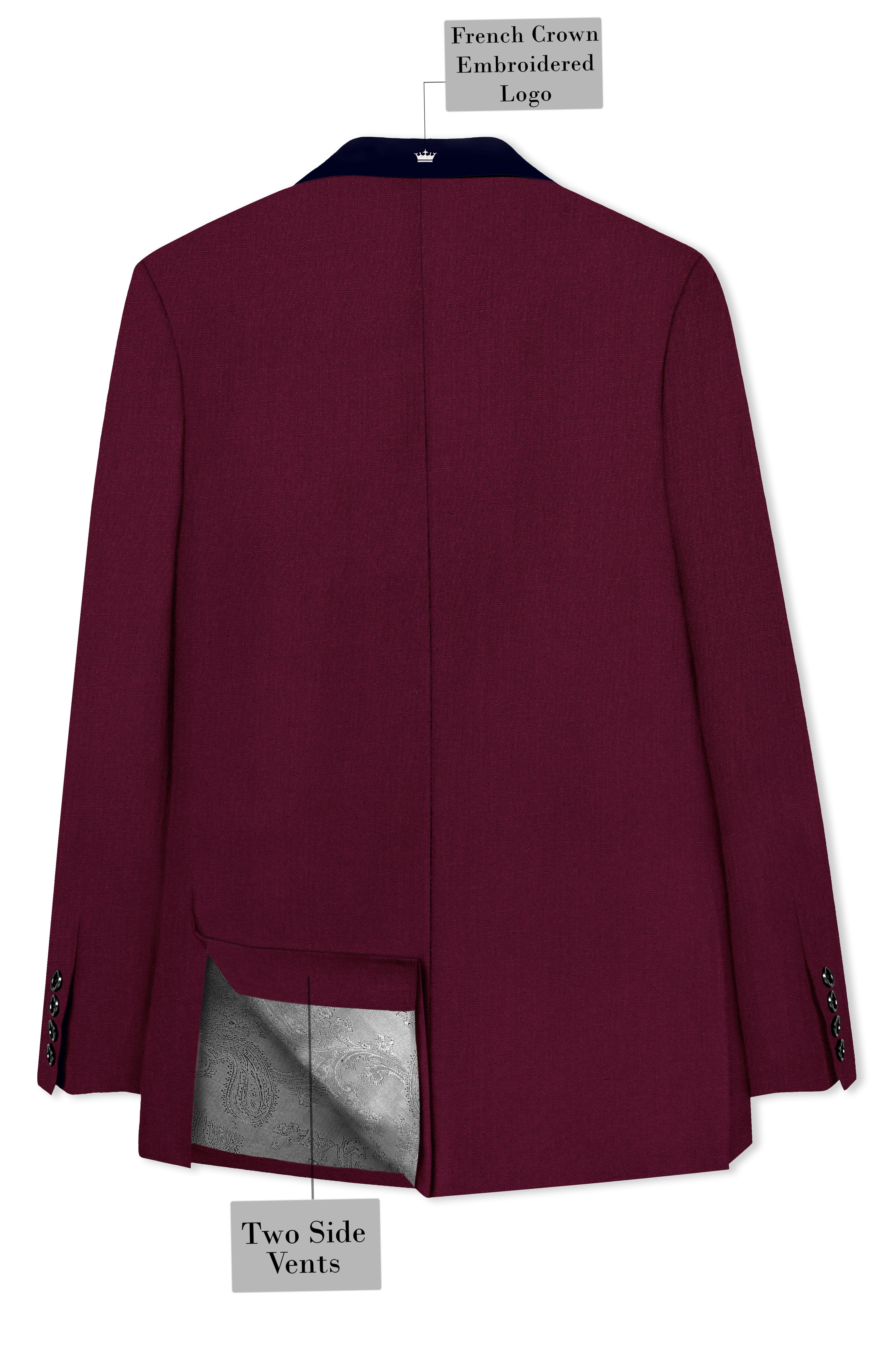 Regal Maroon-Tamarind With Blue Lepal Solid Wool Rich Tuxedo Blazer