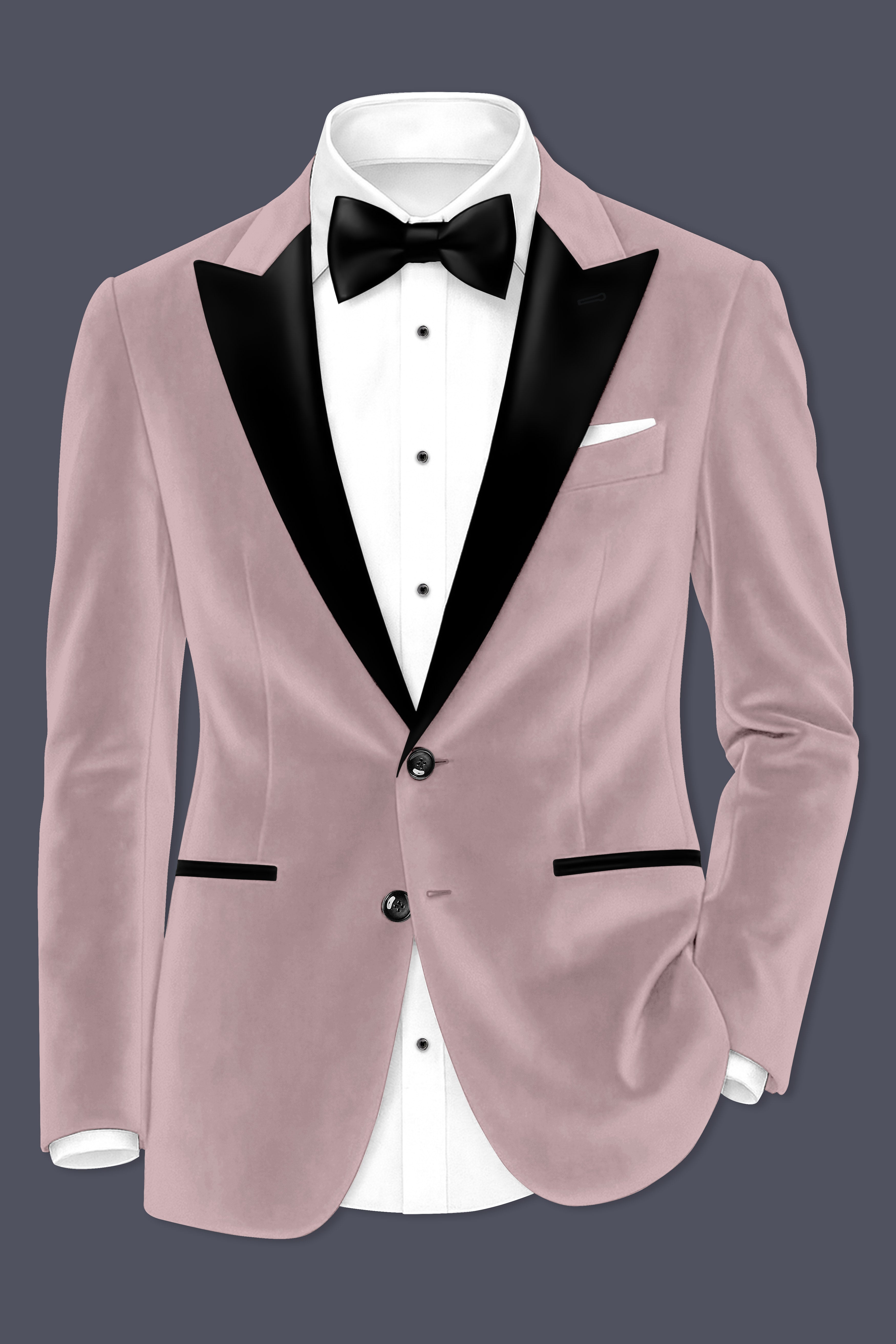 Rosvoro-Calming Pink Velvet Peak Lapel Tuxedo Blazer