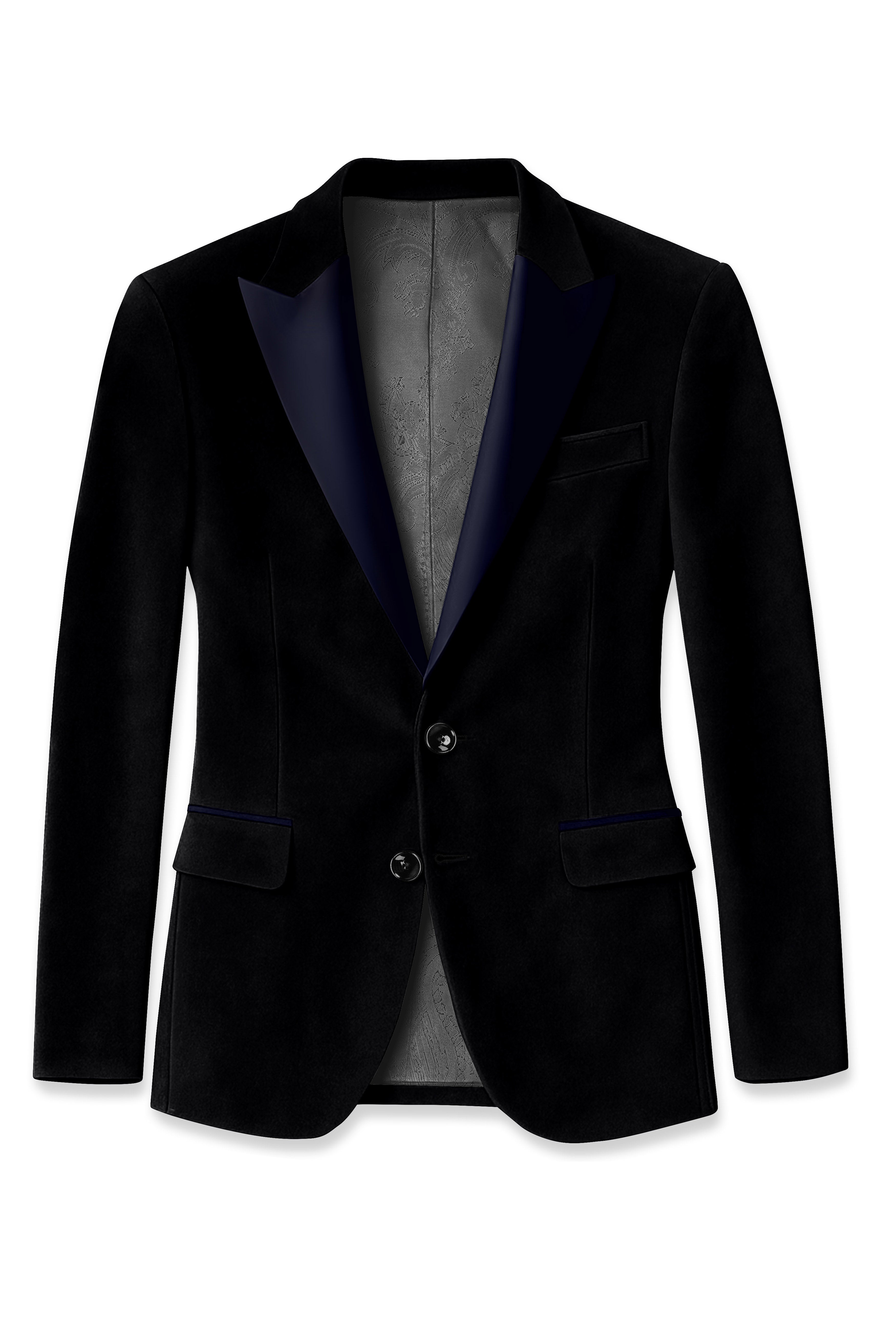 Jadevel-Jade Black With Blue Lepal Velvet Peak Lapel Tuxedo Blazer