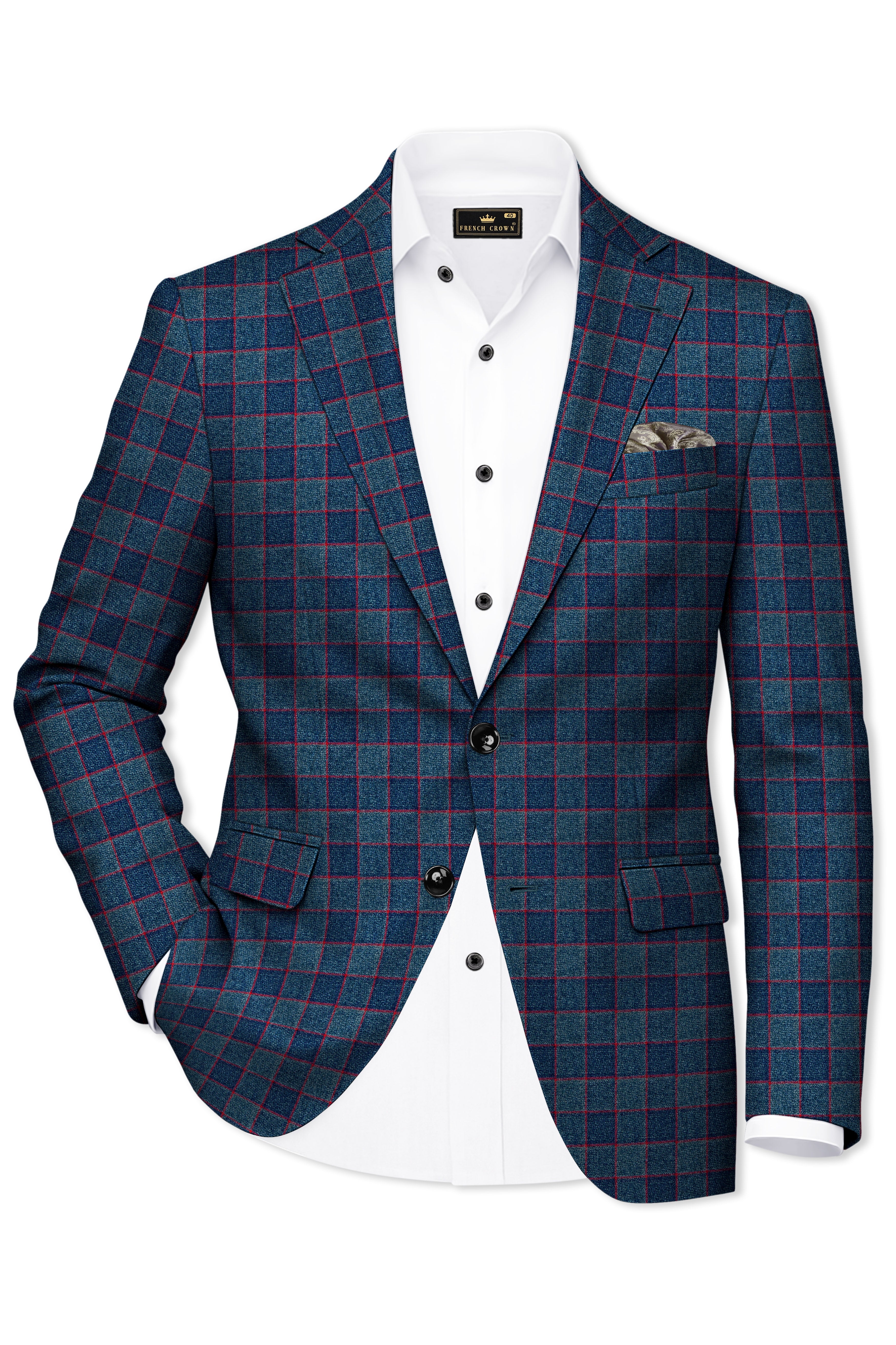 Panevoro-Vintage Blue Windowpane Premium Cotton Single Breasted Blazer