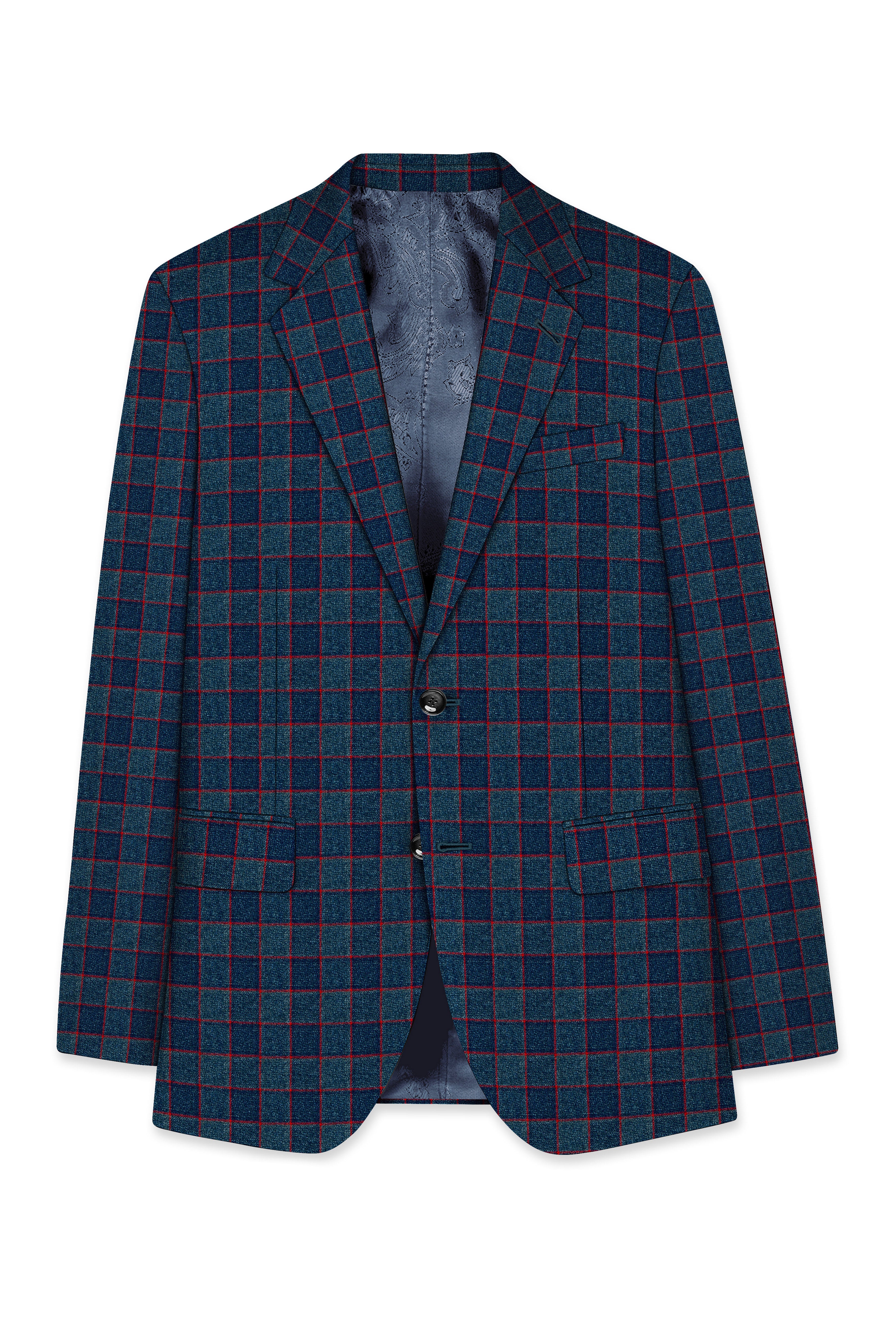 Panevoro-Vintage Blue Windowpane Premium Cotton Single Breasted Blazer