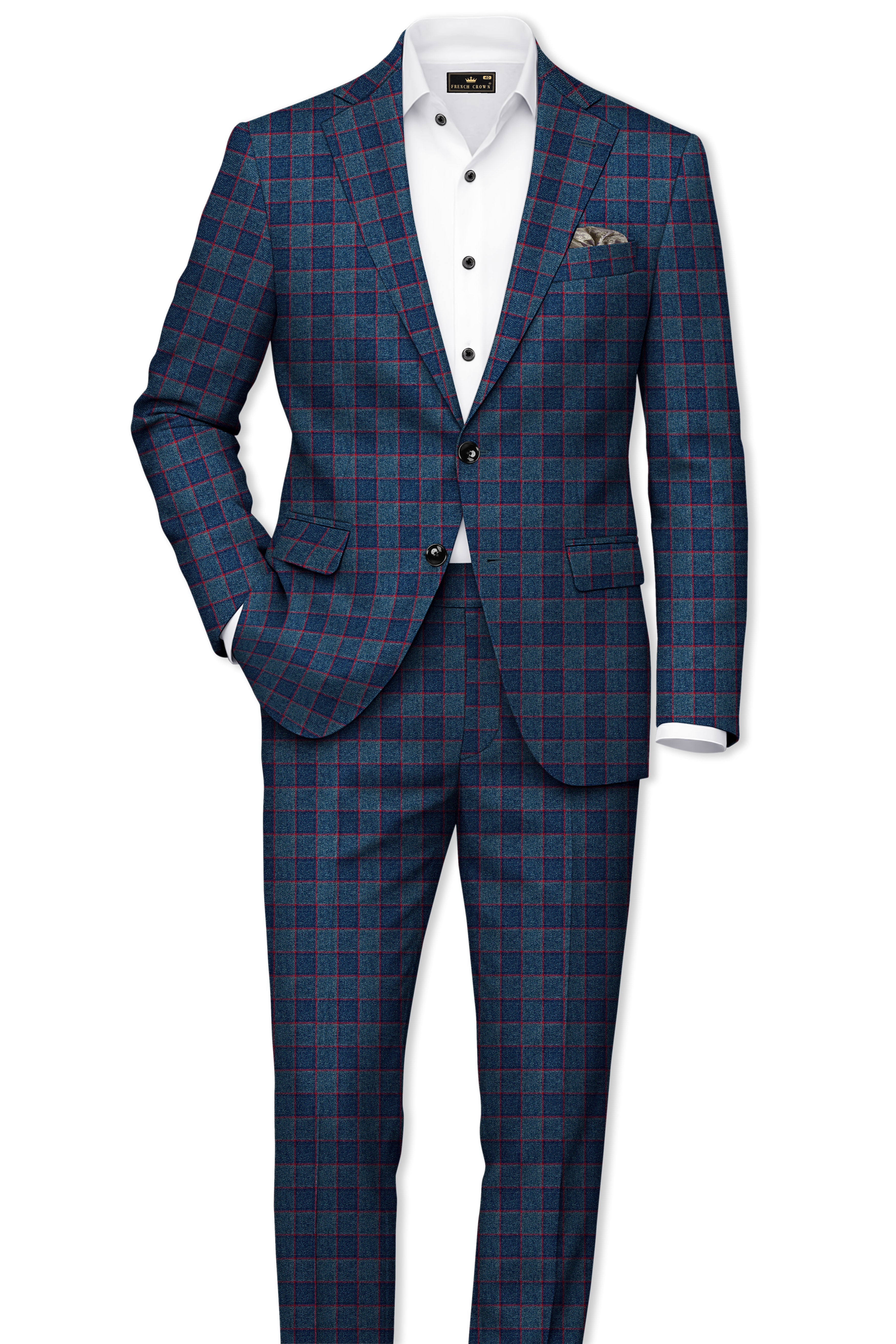 Panevoro-Vintage Blue Windowpane Premium Cotton Single Breasted Blazer