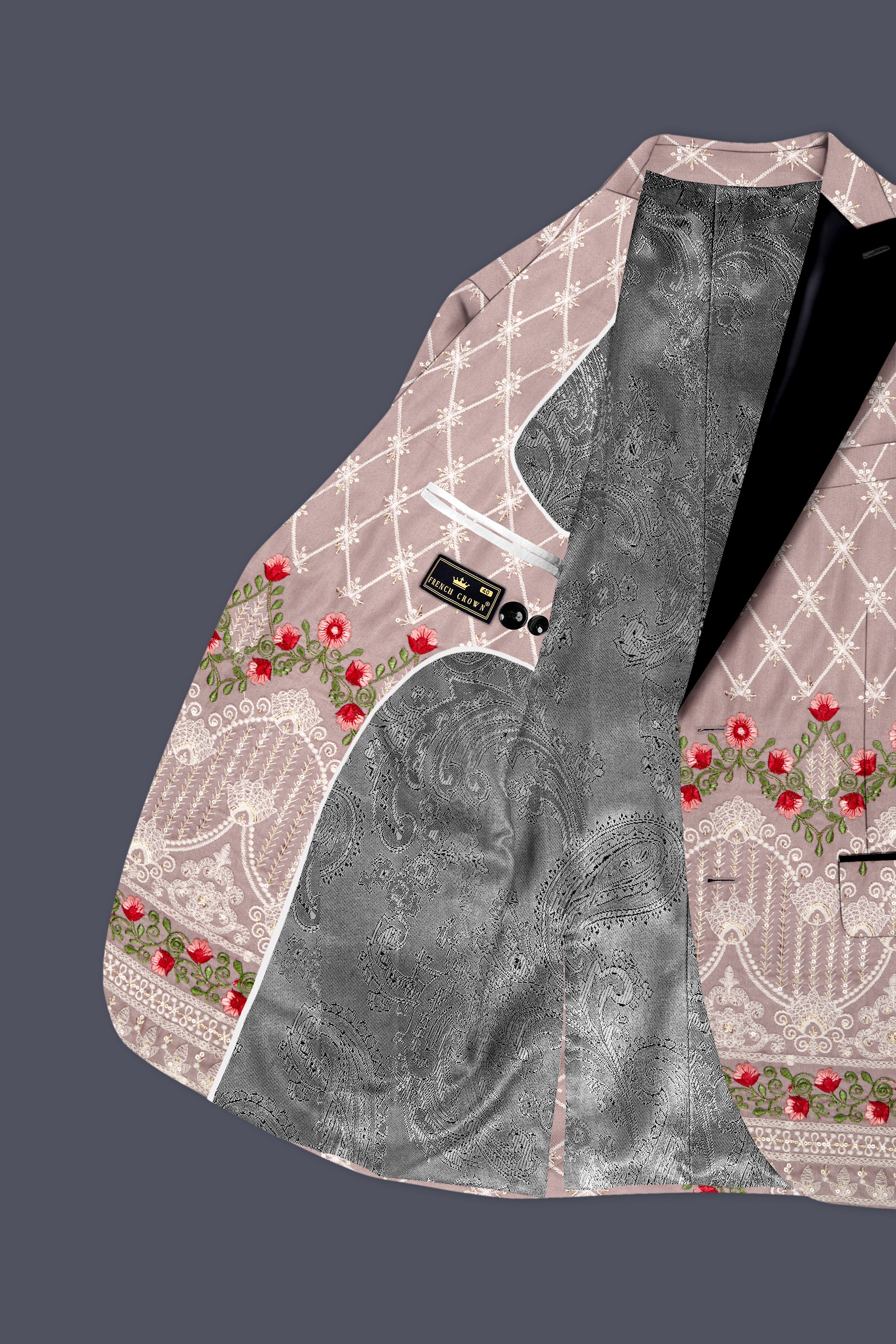 Luminza-Martini Cream Merlot Red Multicolour Thread and Sequin Embroidered Designer Peak Lapel Tuxedo Blazer