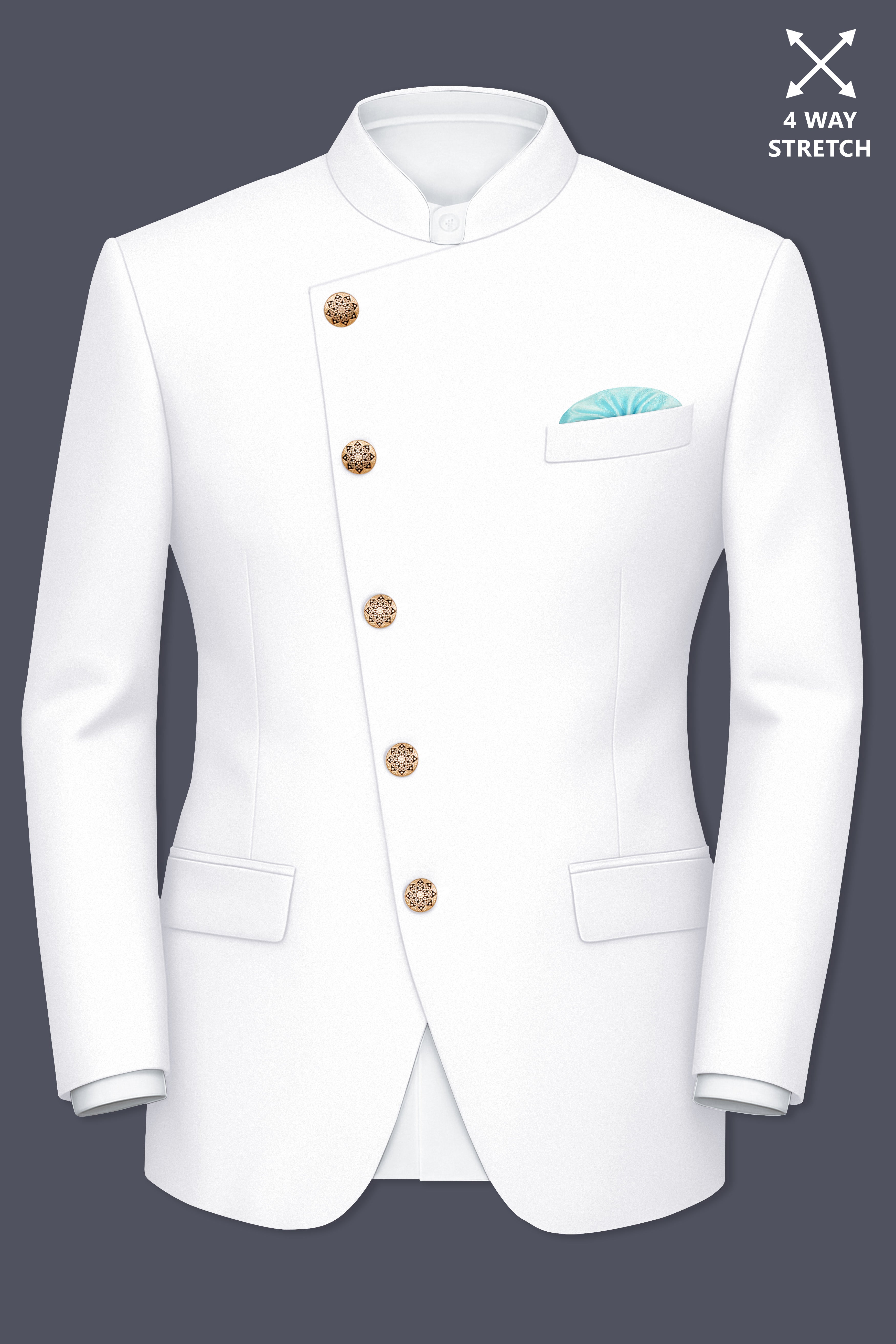 Shiro-Japanese Bright White 4-Way Stretch Wrinkle-Free Wool Rich Cross Placket Bandhgala Blazer