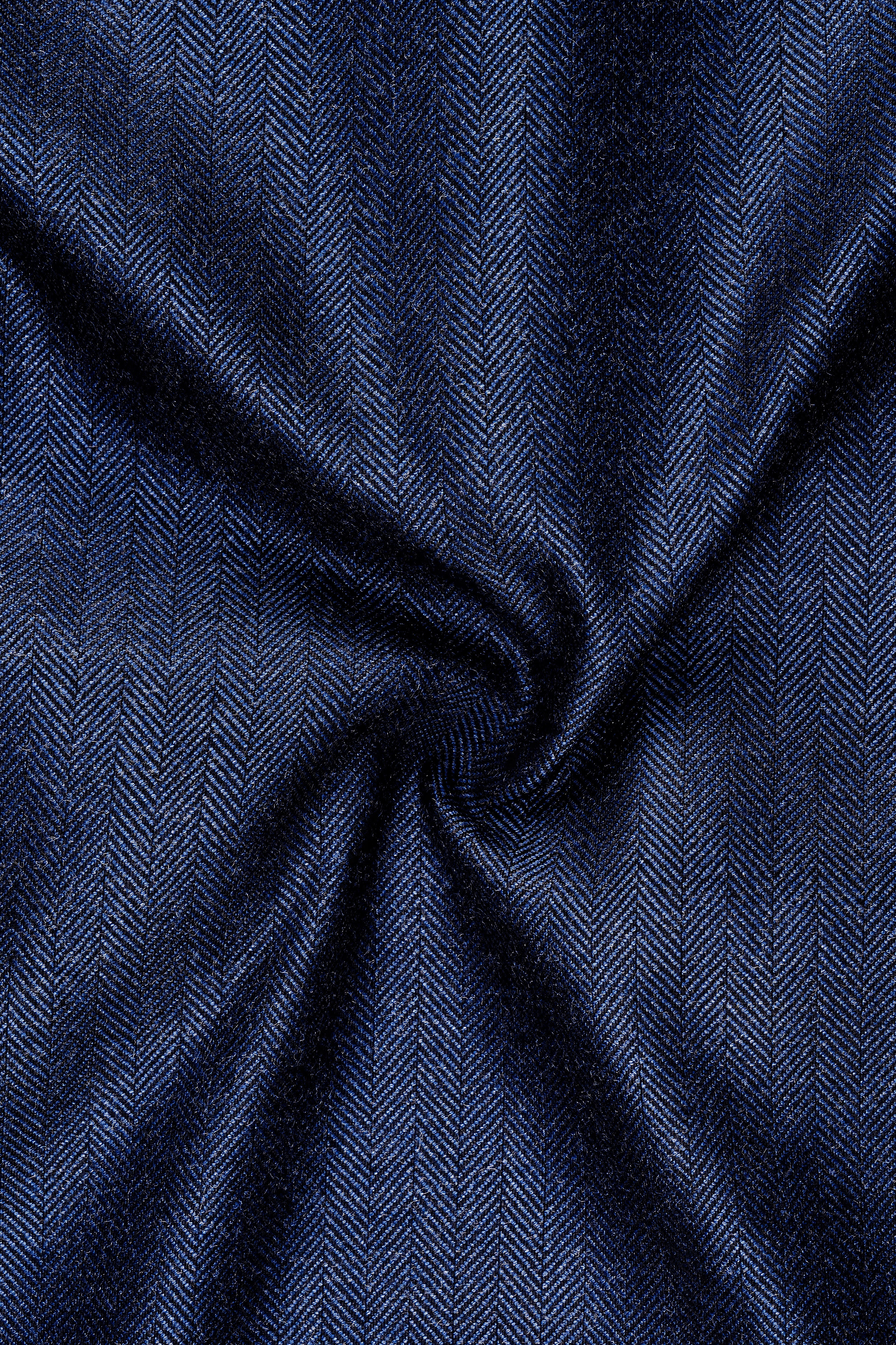 Aurevu-Vulcan Blue Herringbone Textured Tweed Double Breasted Blazer