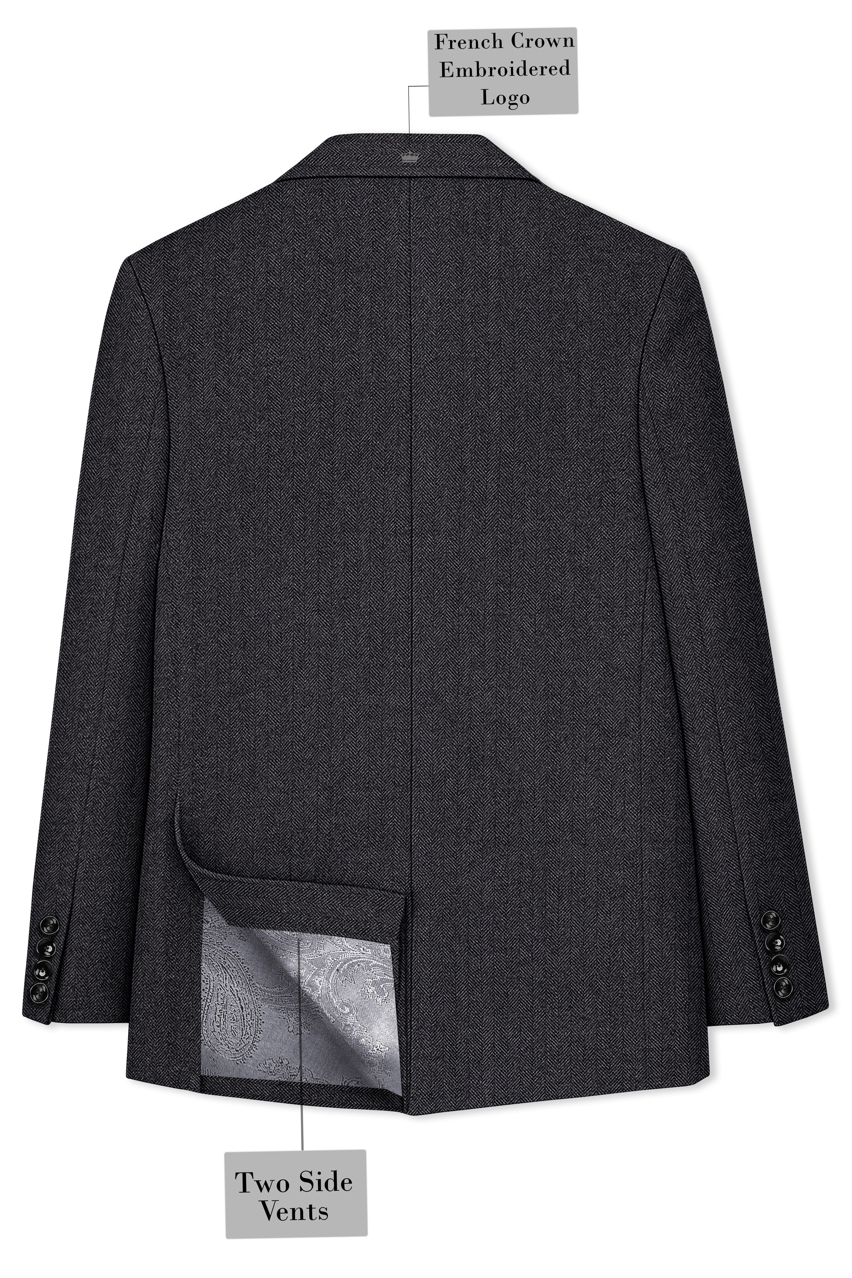 Imperion-Charcoal Gray Herringbone Textured Tweed Double Breasted Blazer