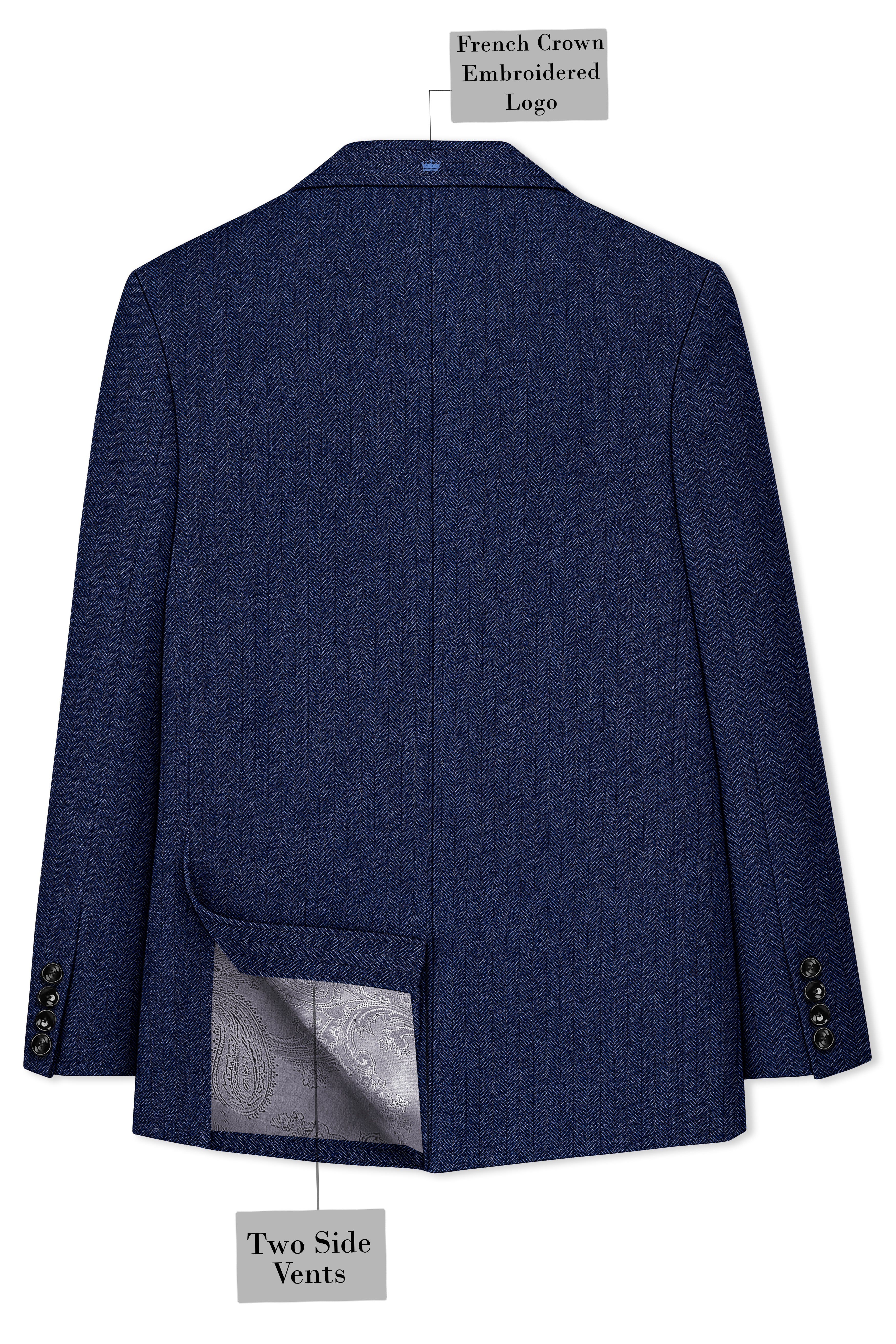 Aurevu-Vulcan Blue Herringbone Textured Tweed Single Breasted Sports Blazer