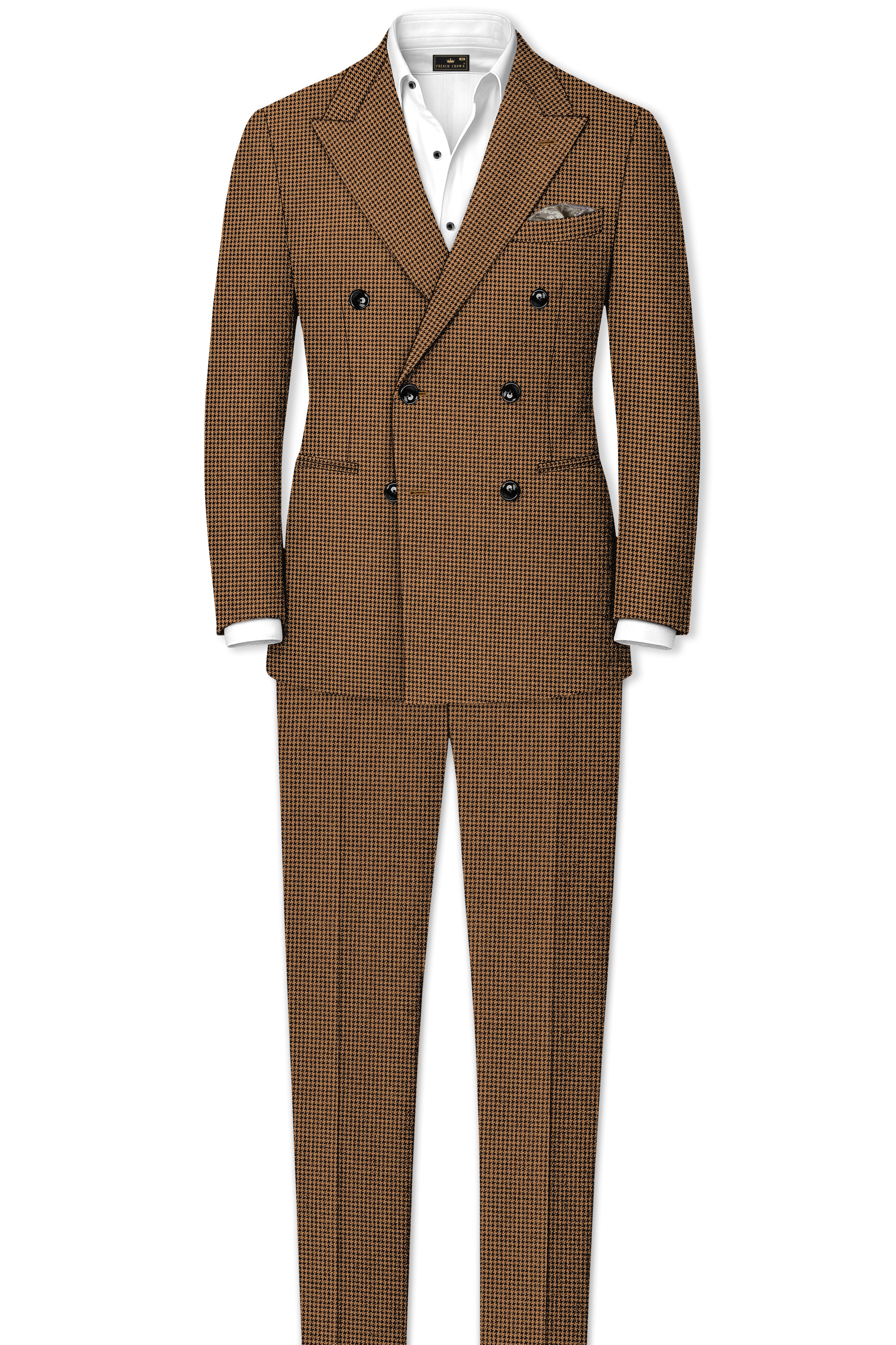 Regalis-Rope Brown Classic Houndstooth Textured Tweed Double Breasted Blazer