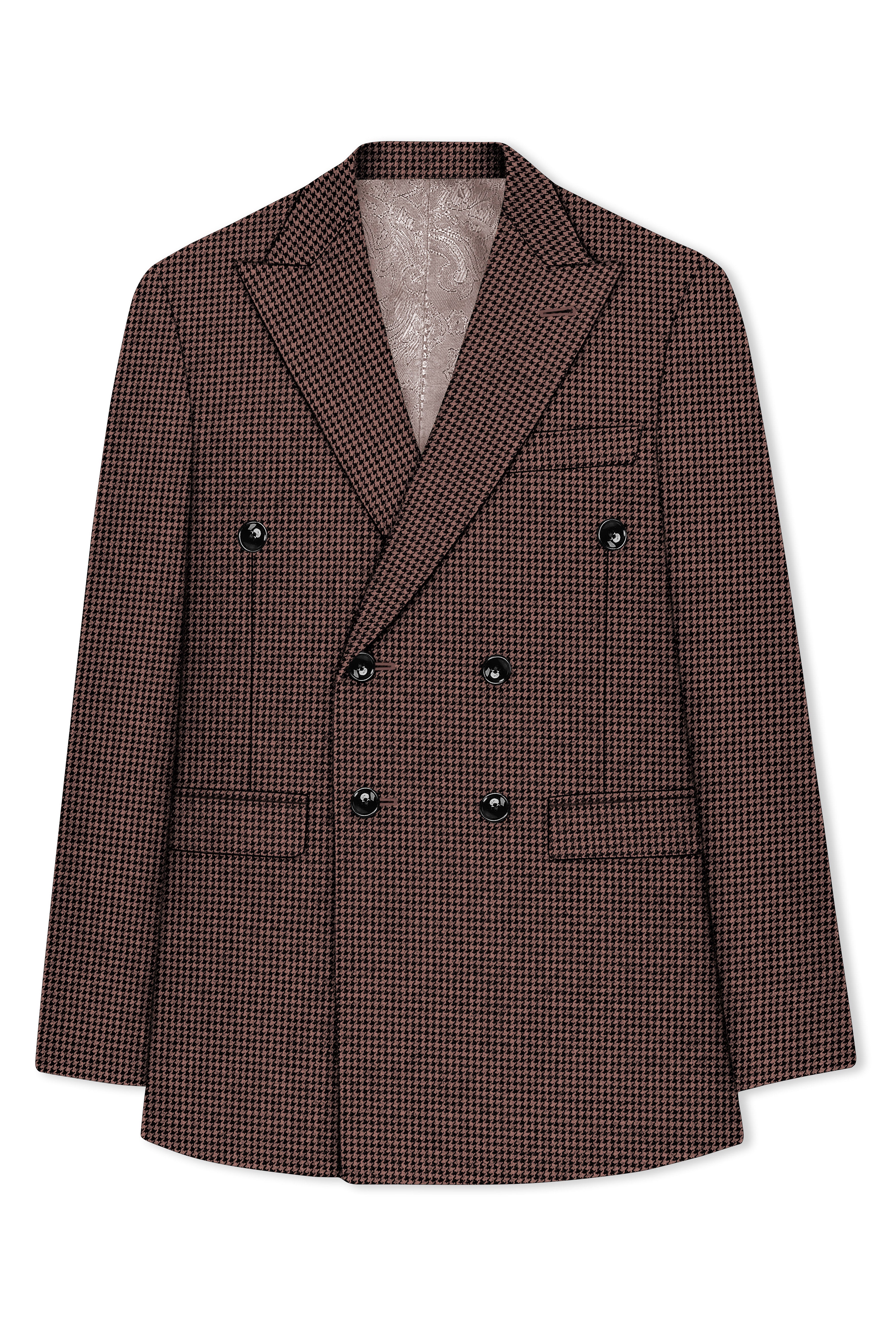 Sylvan-Woody Brown Classic Houndstooth Textured Tweed Double Breasted Blazer