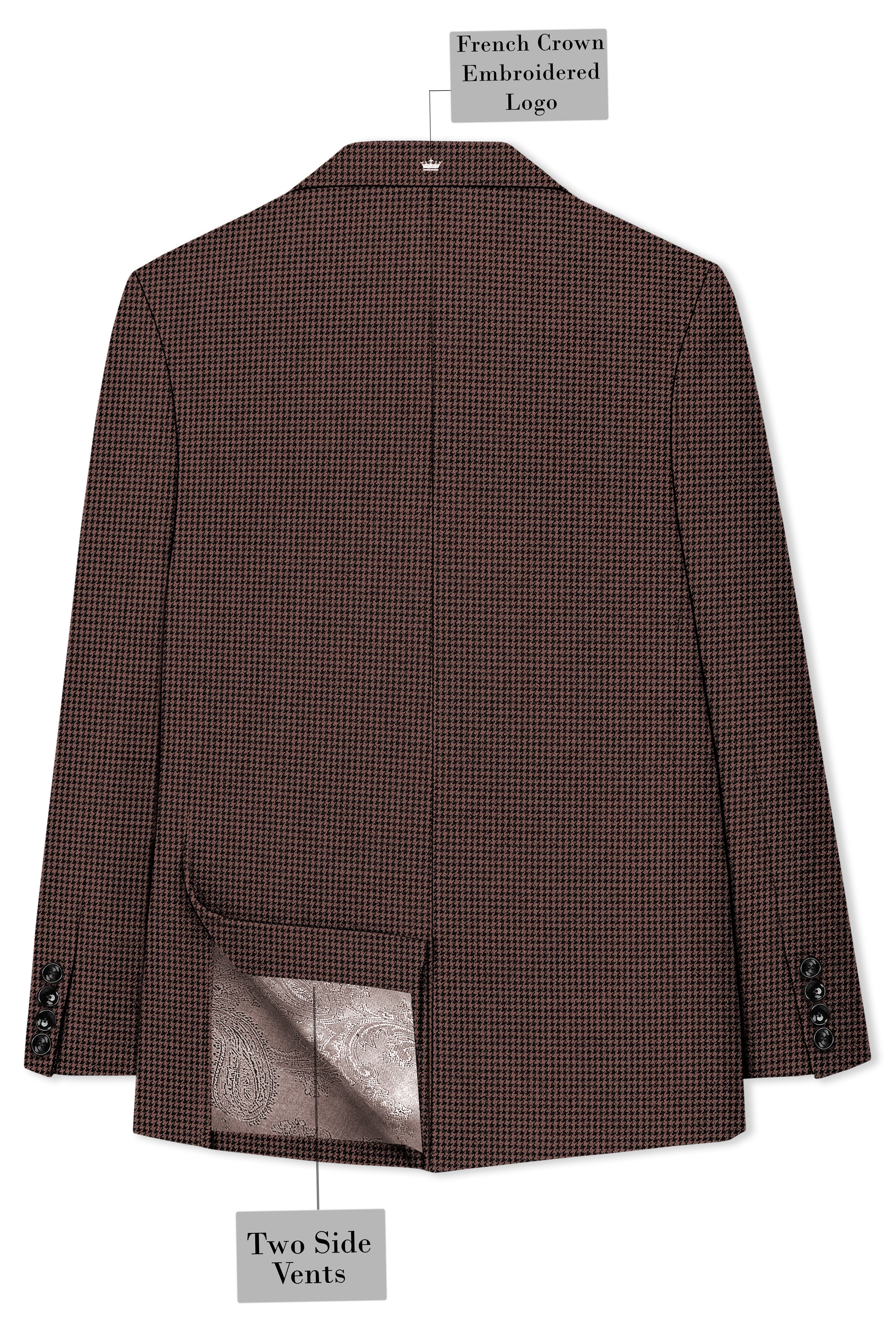 Sylvan-Woody Brown Classic Houndstooth Textured Tweed Double Breasted Blazer