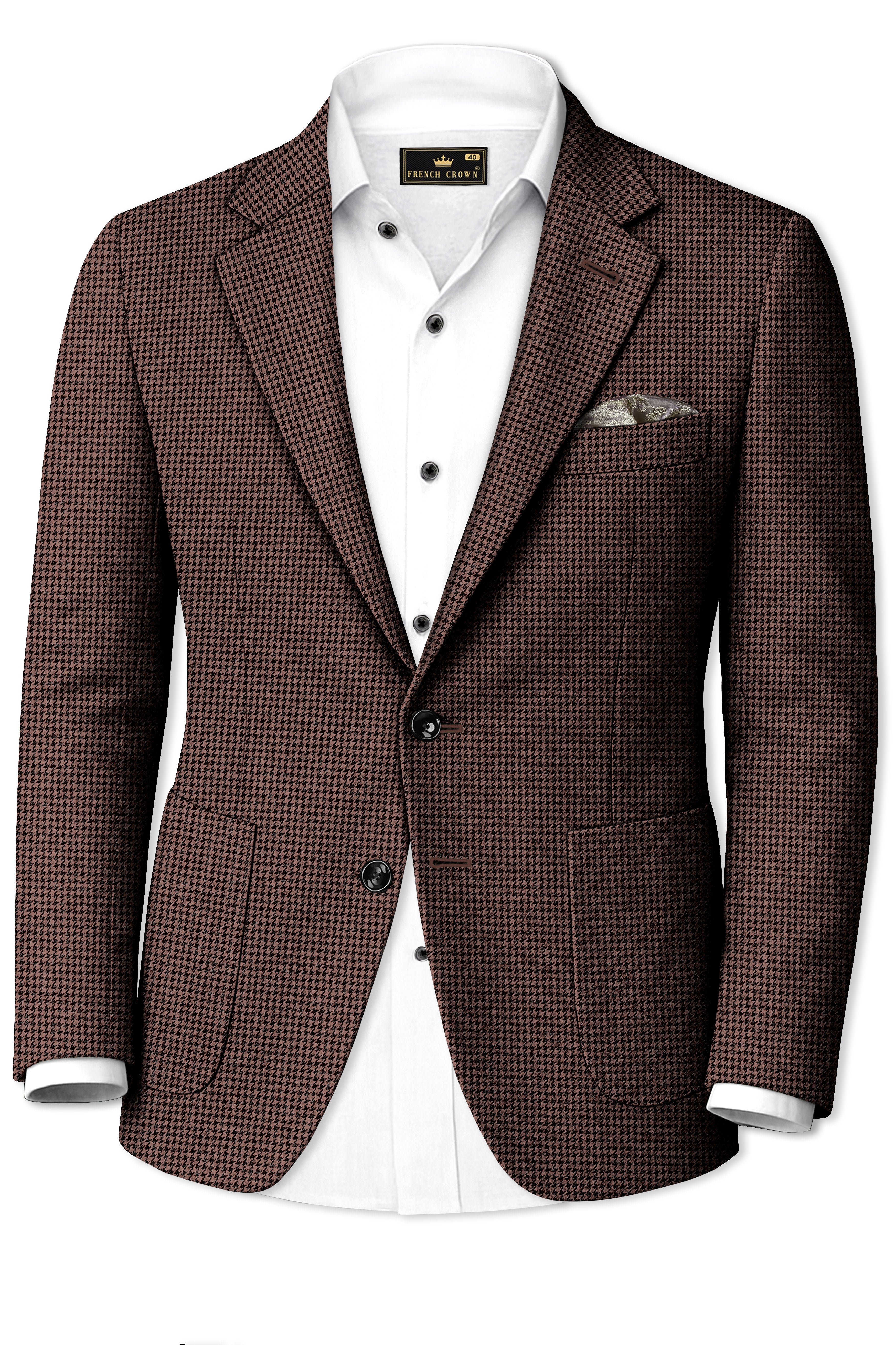 Sylvan-Woody Brown Classic Houndstooth Textured Tweed Single Breasted Sports Blazer